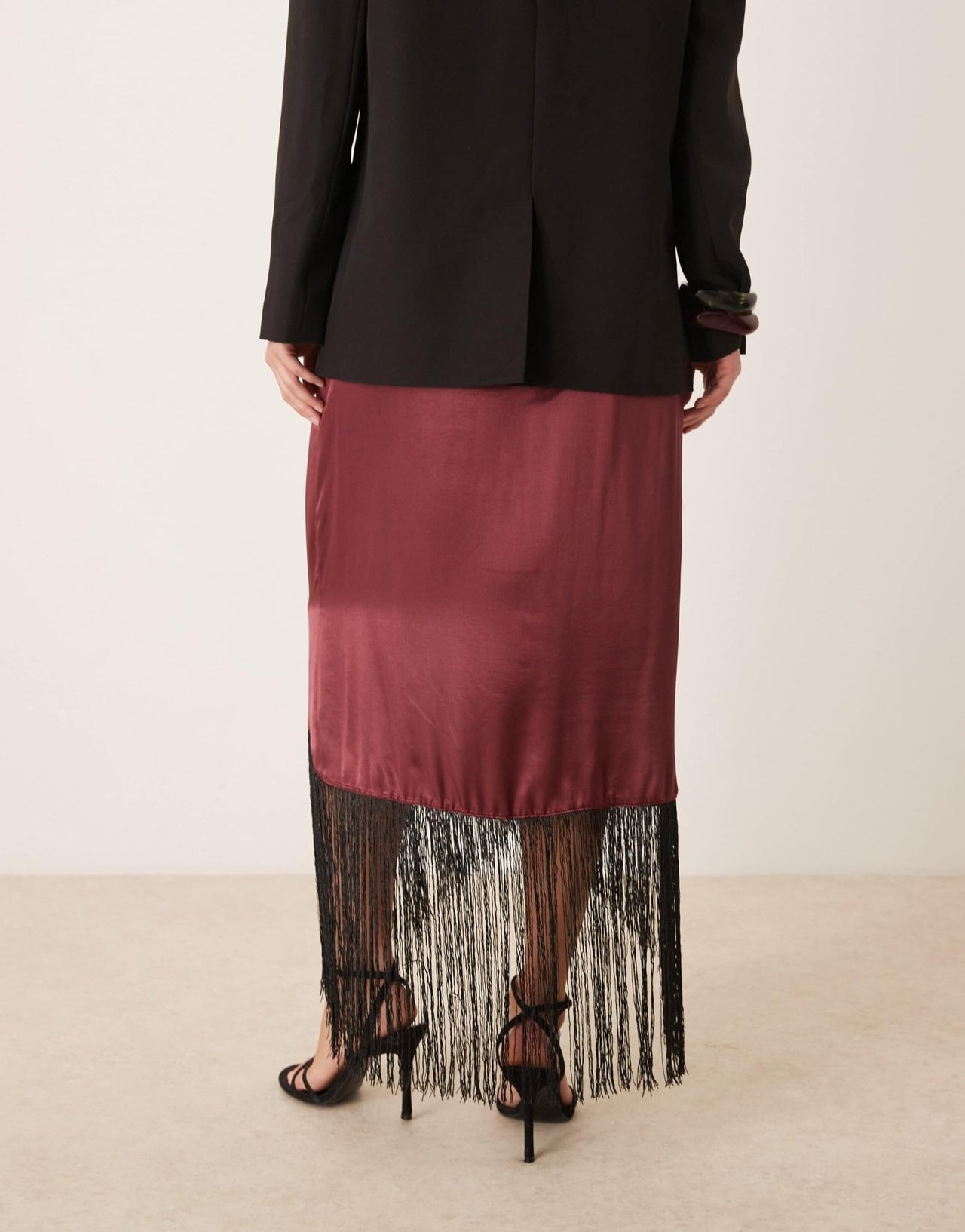 ASOS DESIGN satin wrap skirt with fringe hem in burgundy - ASOS Sample Sale