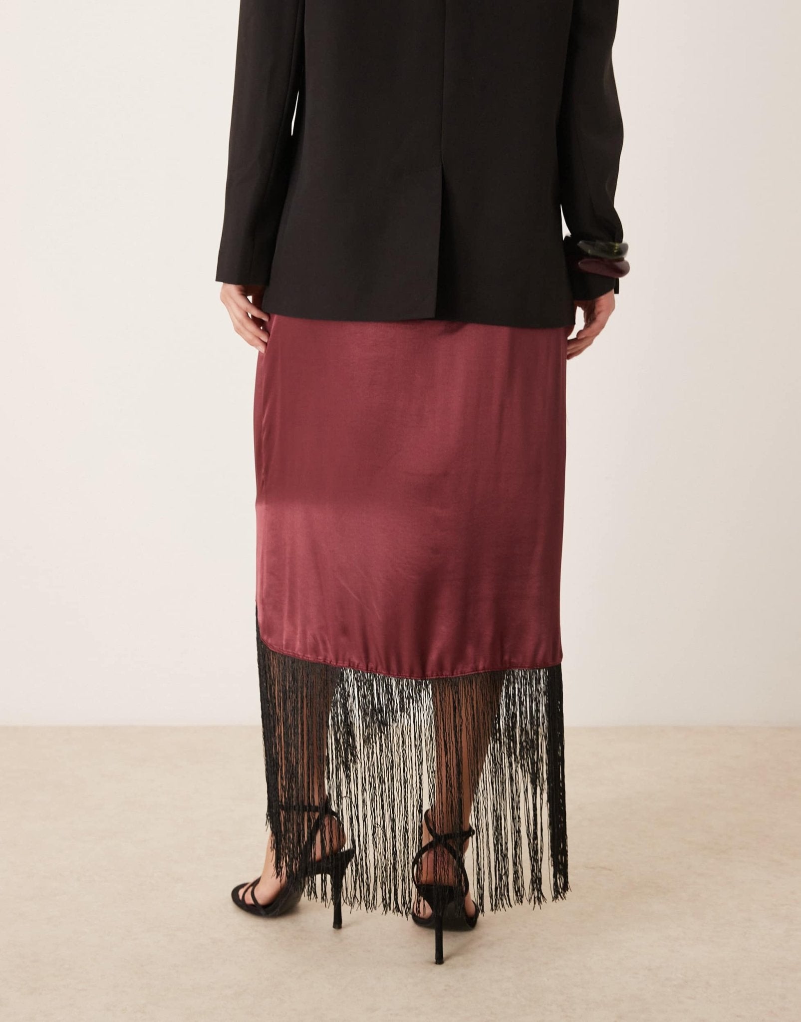 ASOS DESIGN satin wrap skirt with fringe hem in burgundy - ASOS Sample Sale