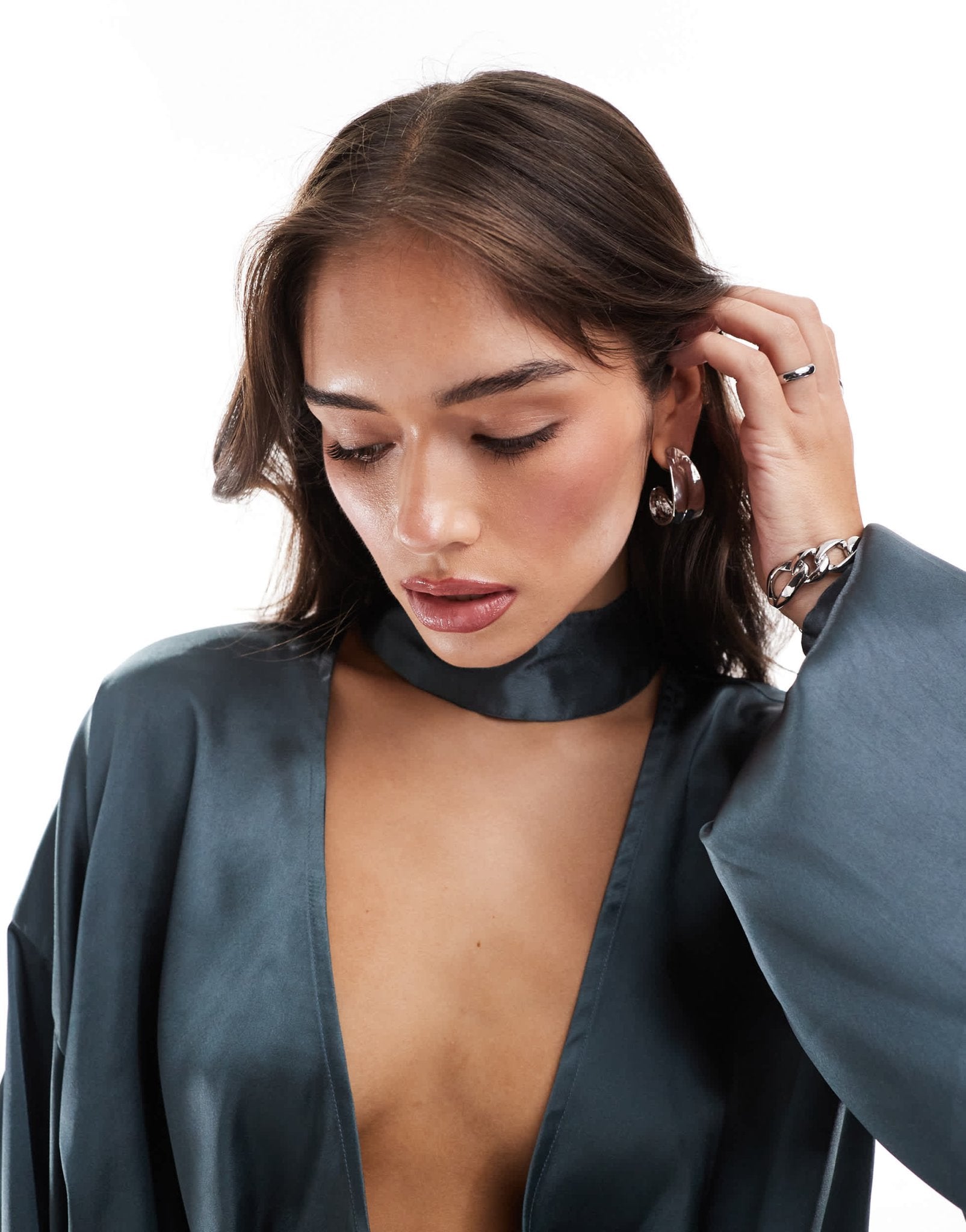 ASOS DESIGN satin wrap top with choker detail in grey - ASOS Sample Sale