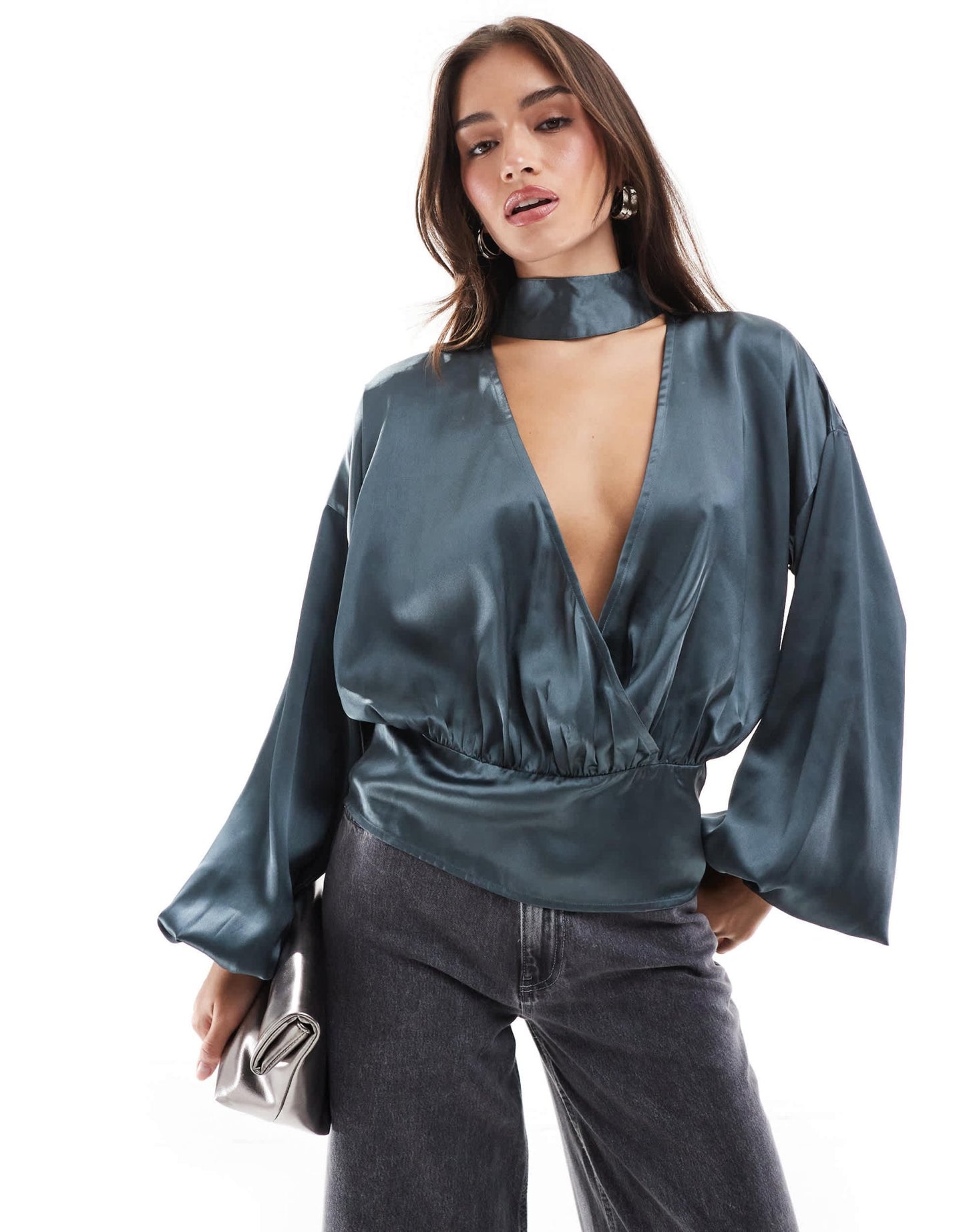 ASOS DESIGN satin wrap top with choker detail in grey - ASOS Sample Sale