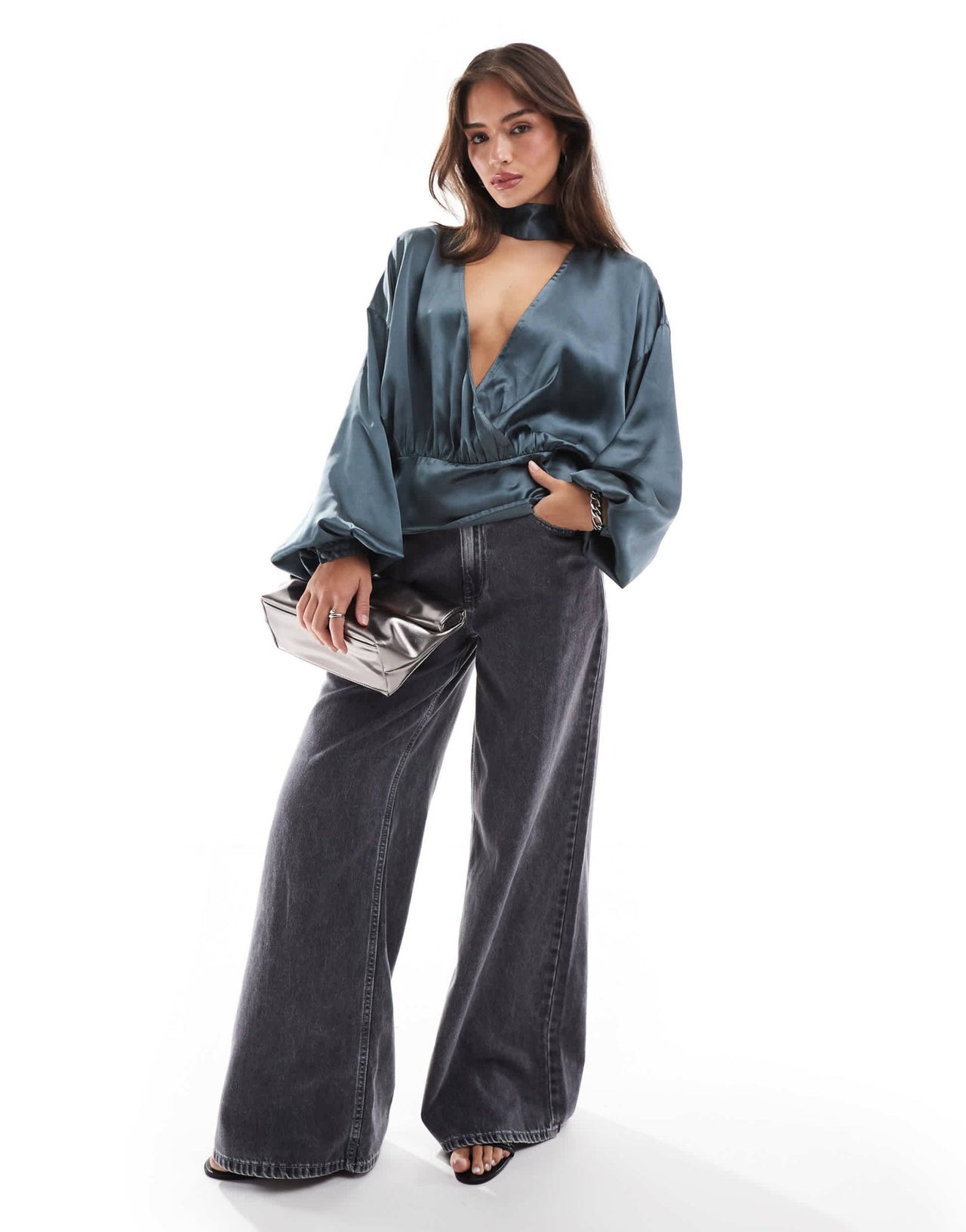 ASOS DESIGN satin wrap top with choker detail in grey - ASOS Sample Sale