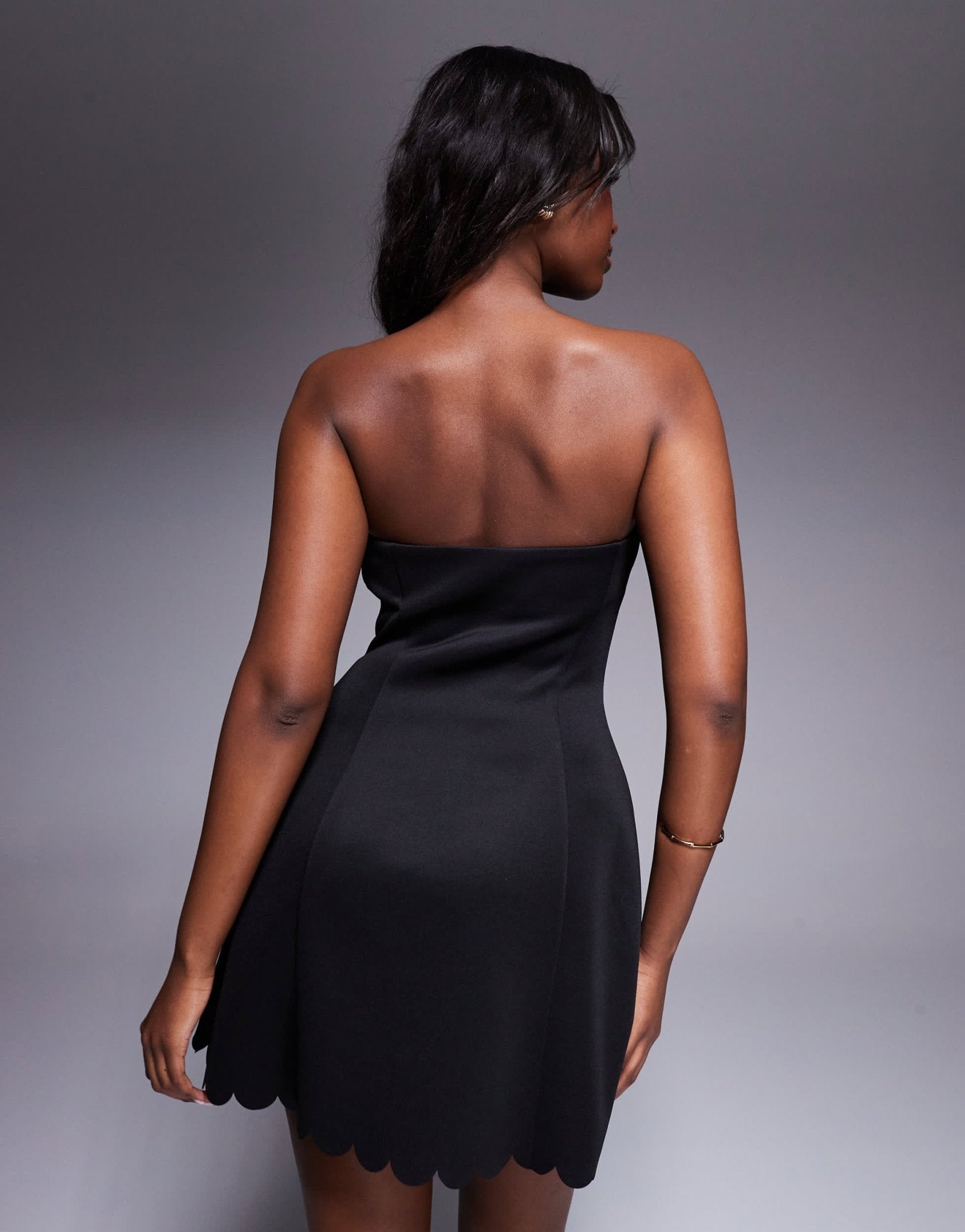 ASOS DESIGN scallop edge bandeau mini dress with gold shell buttons in black in scuba - style fabric - ASOS Sample Sale