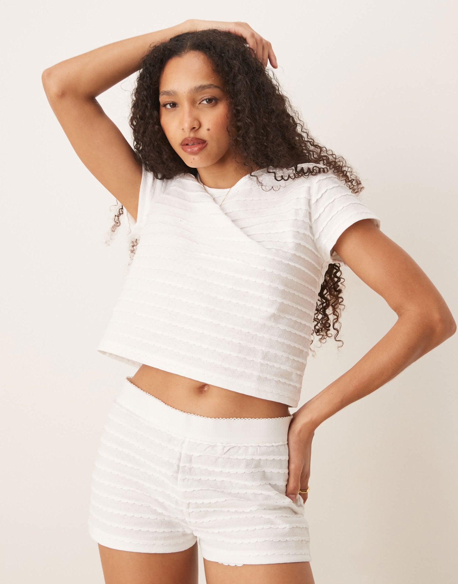 ASOS DESIGN scallop pointelle tee & short pyjama set in white - ASOS Sample Sale