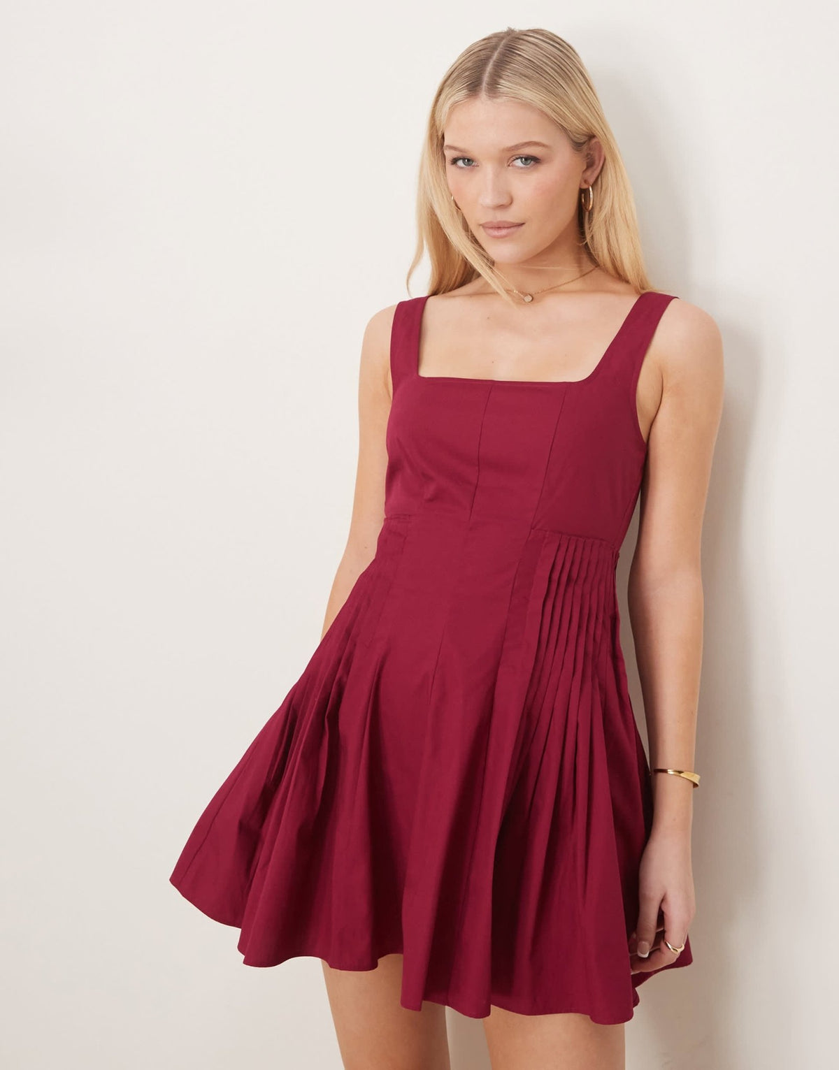 ASOS DESIGN scoop neck pleat waist mini sundress in raspberry - ASOS Sample Sale