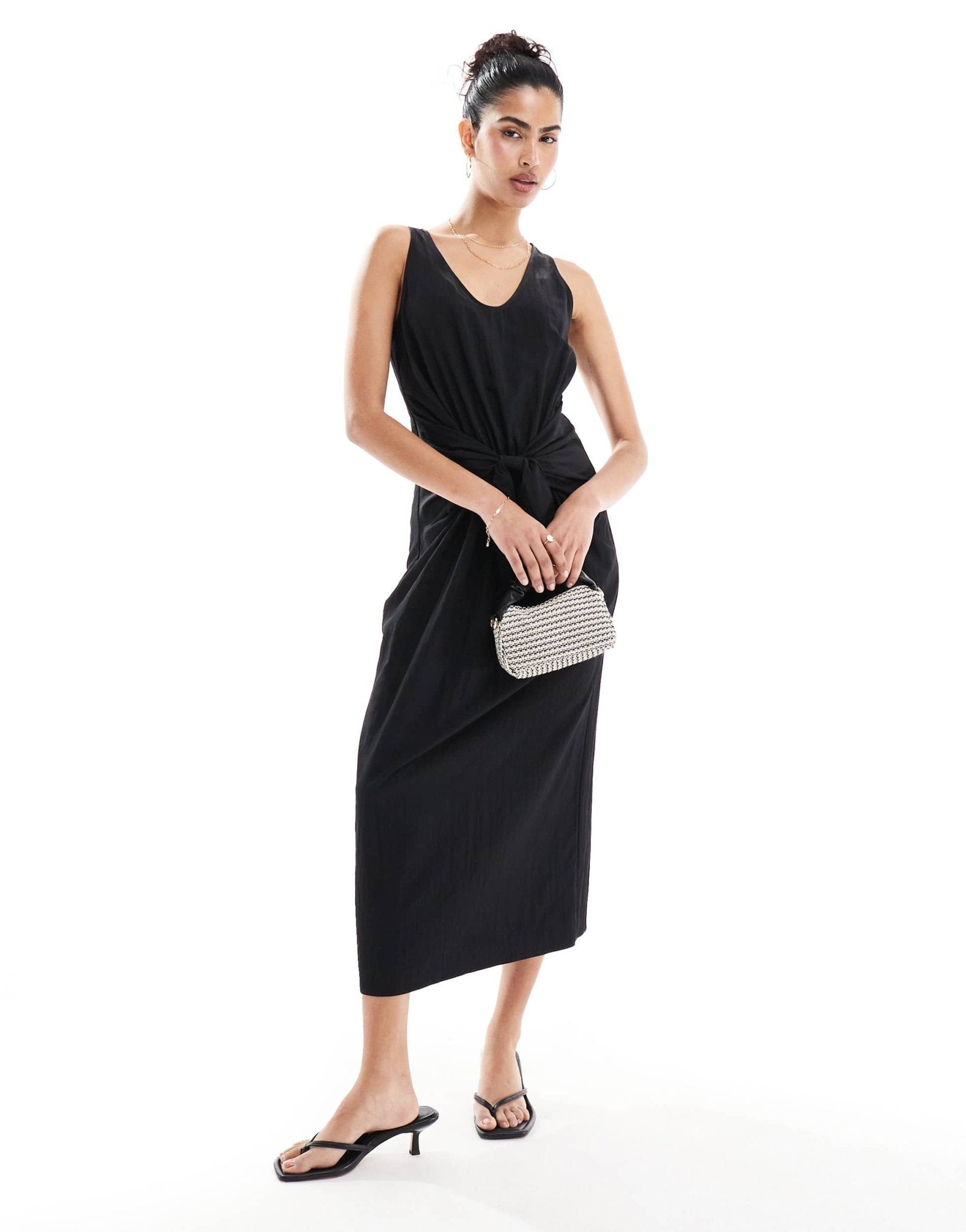 asos black tie dresses ASOS DESIGN scoop neck tie front midi dress in black – ASOS Sample Sale