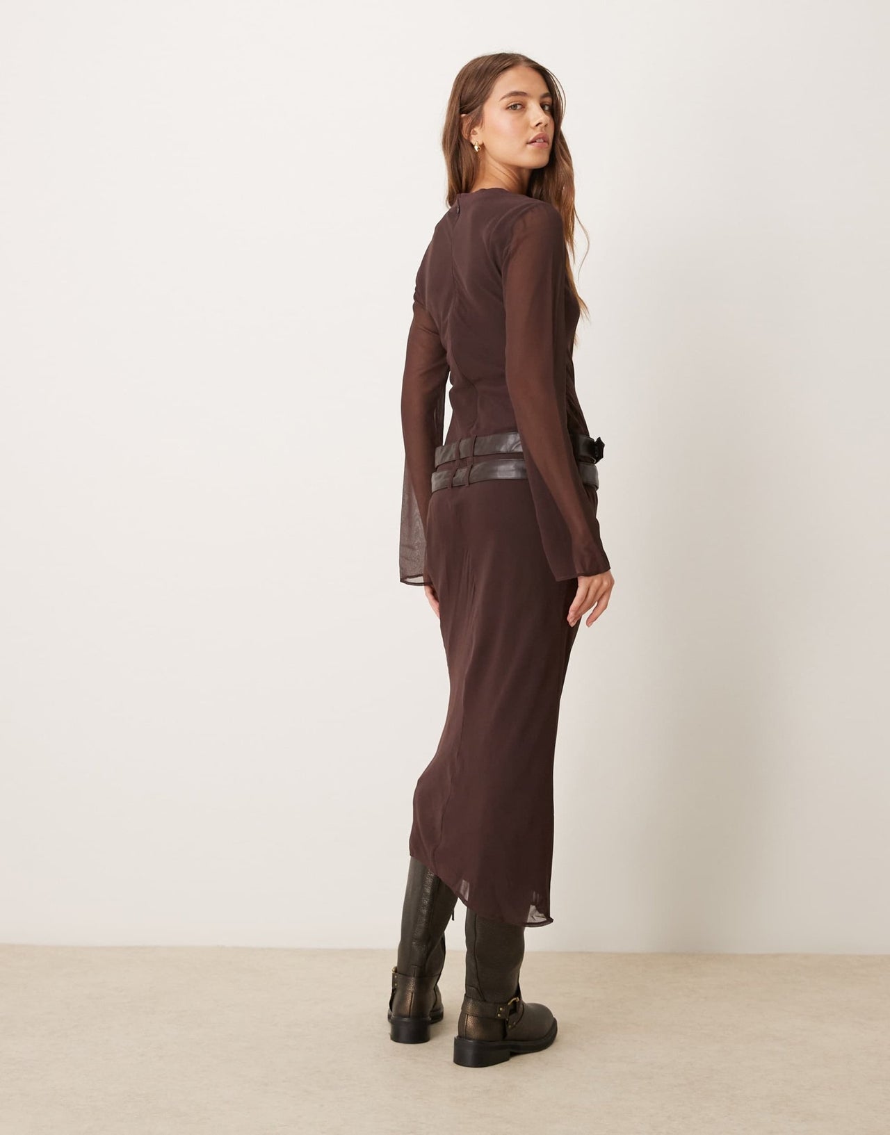ASOS DESIGN scoop rib neck midi dress with double belt in chocolate plum - ASOS Sample Sale