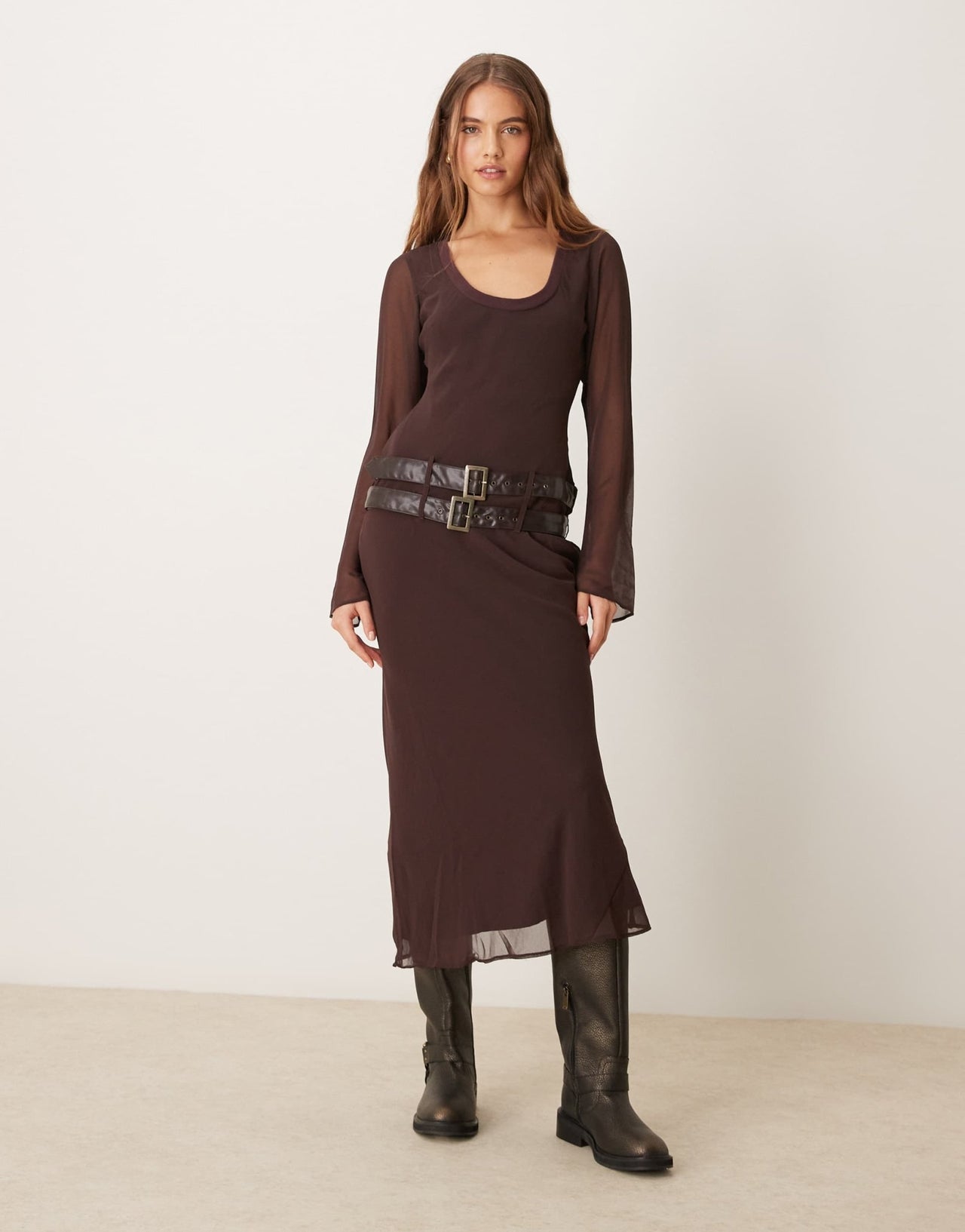 ASOS DESIGN scoop rib neck midi dress with double belt in chocolate plum - ASOS Sample Sale
