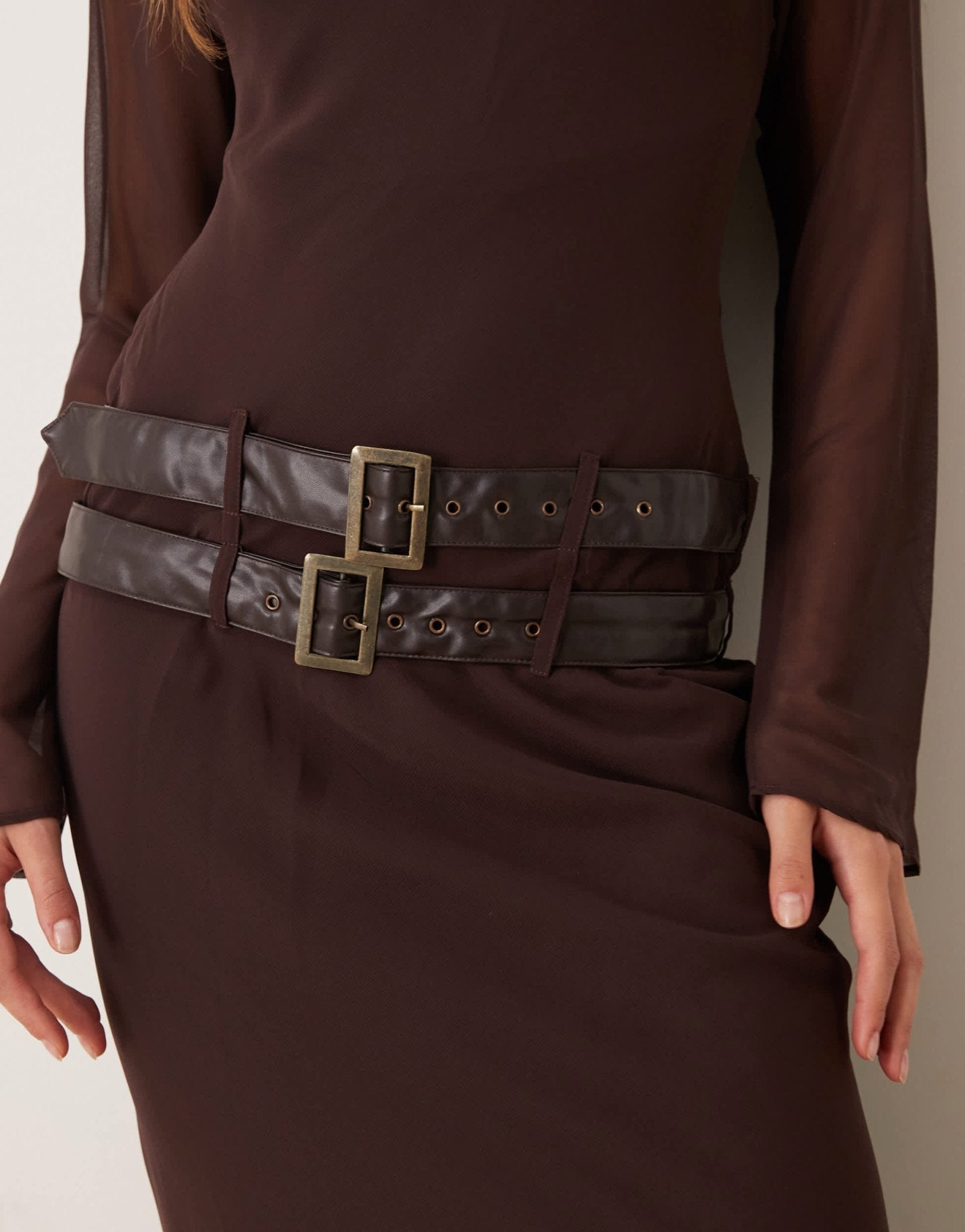 ASOS DESIGN scoop rib neck midi dress with double belt in chocolate plum - ASOS Sample Sale