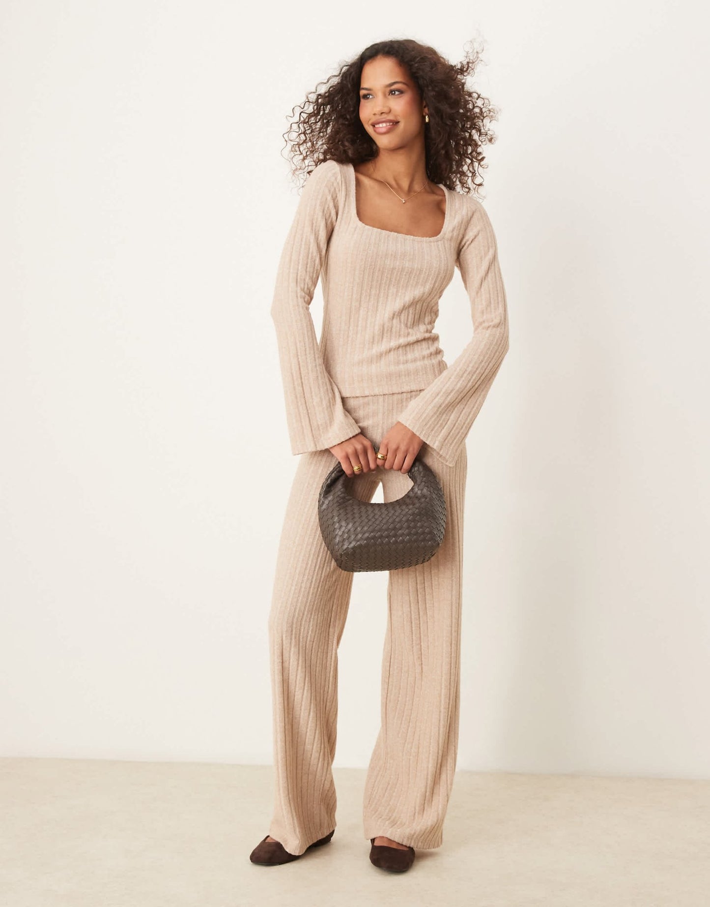 ASOS DESIGN scoop square neck supersoft wide rib top co ord in oat - ASOS Sample Sale