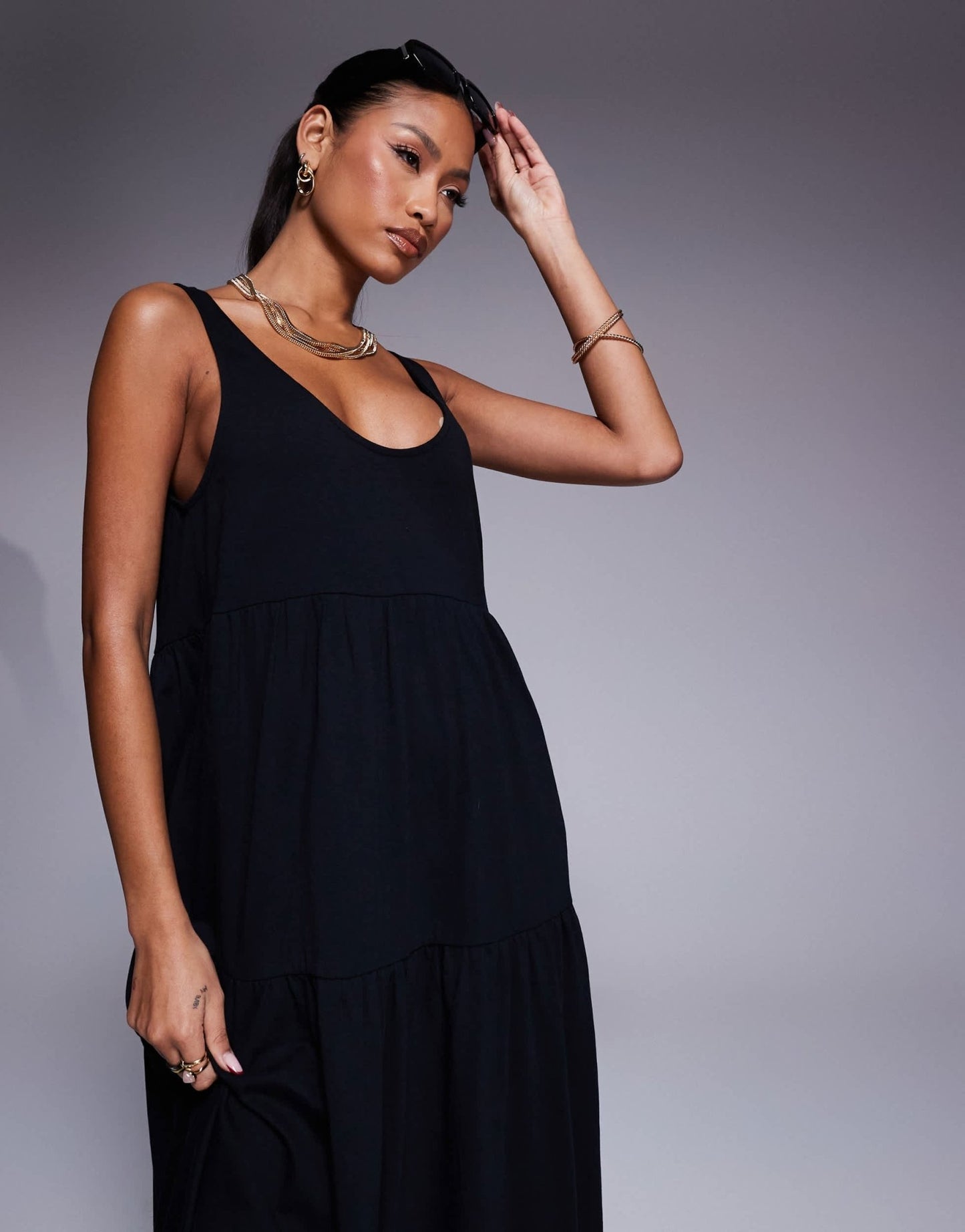 ASOS DESIGN scoop tiered trapeze maxi dress in black - ASOS Sample Sale