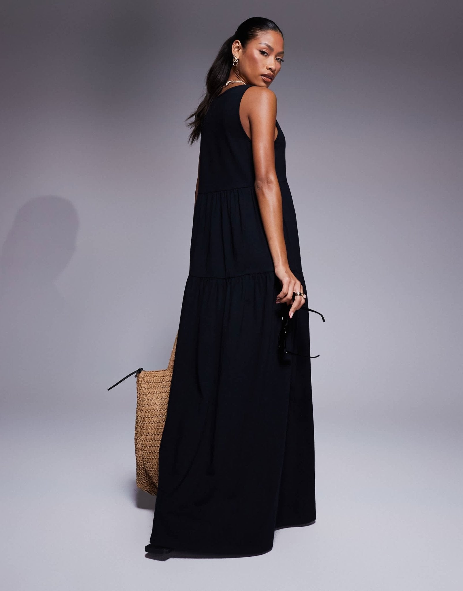 ASOS DESIGN scoop tiered trapeze maxi dress in black