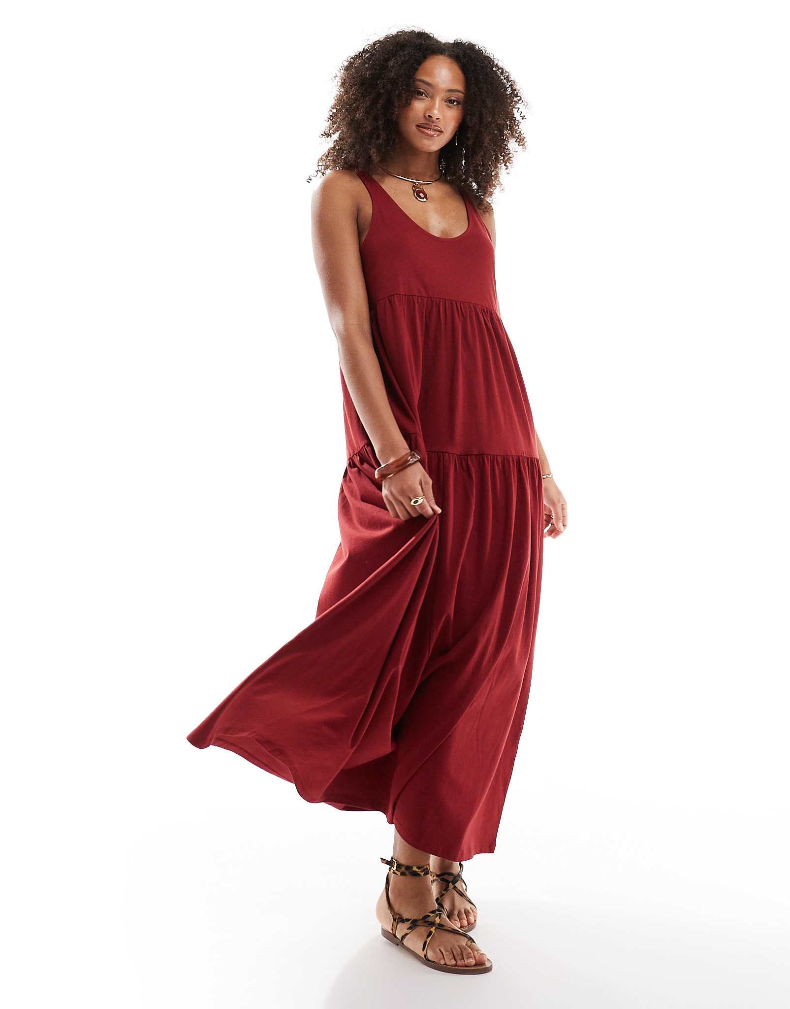 ASOS DESIGN scoop tiered trapeze maxi dress in burgundy - ASOS Sample Sale