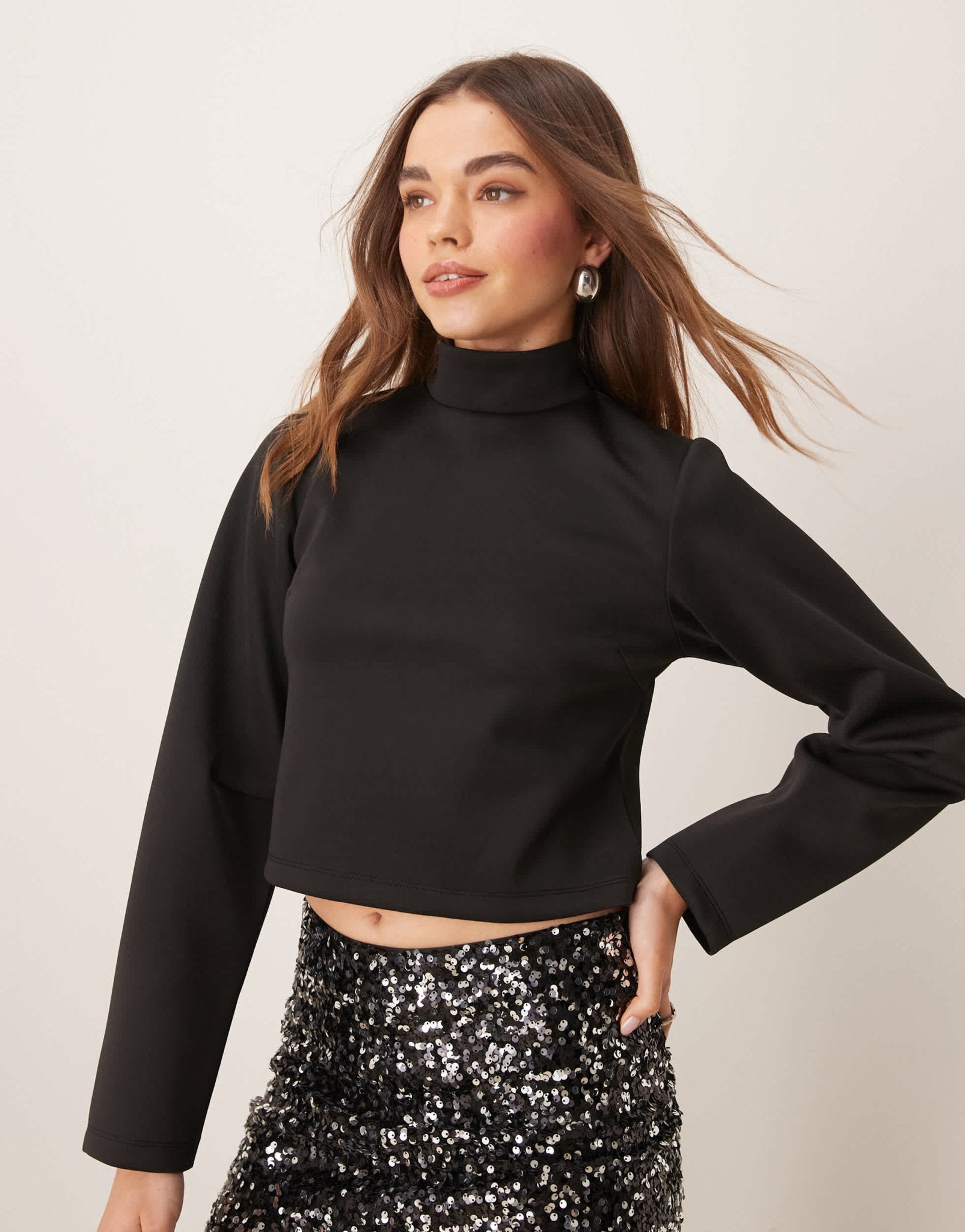 ASOS DESIGN scuba - style fabric high neck cropped top with cocoon sleeve in black - ASOS Sample Sale