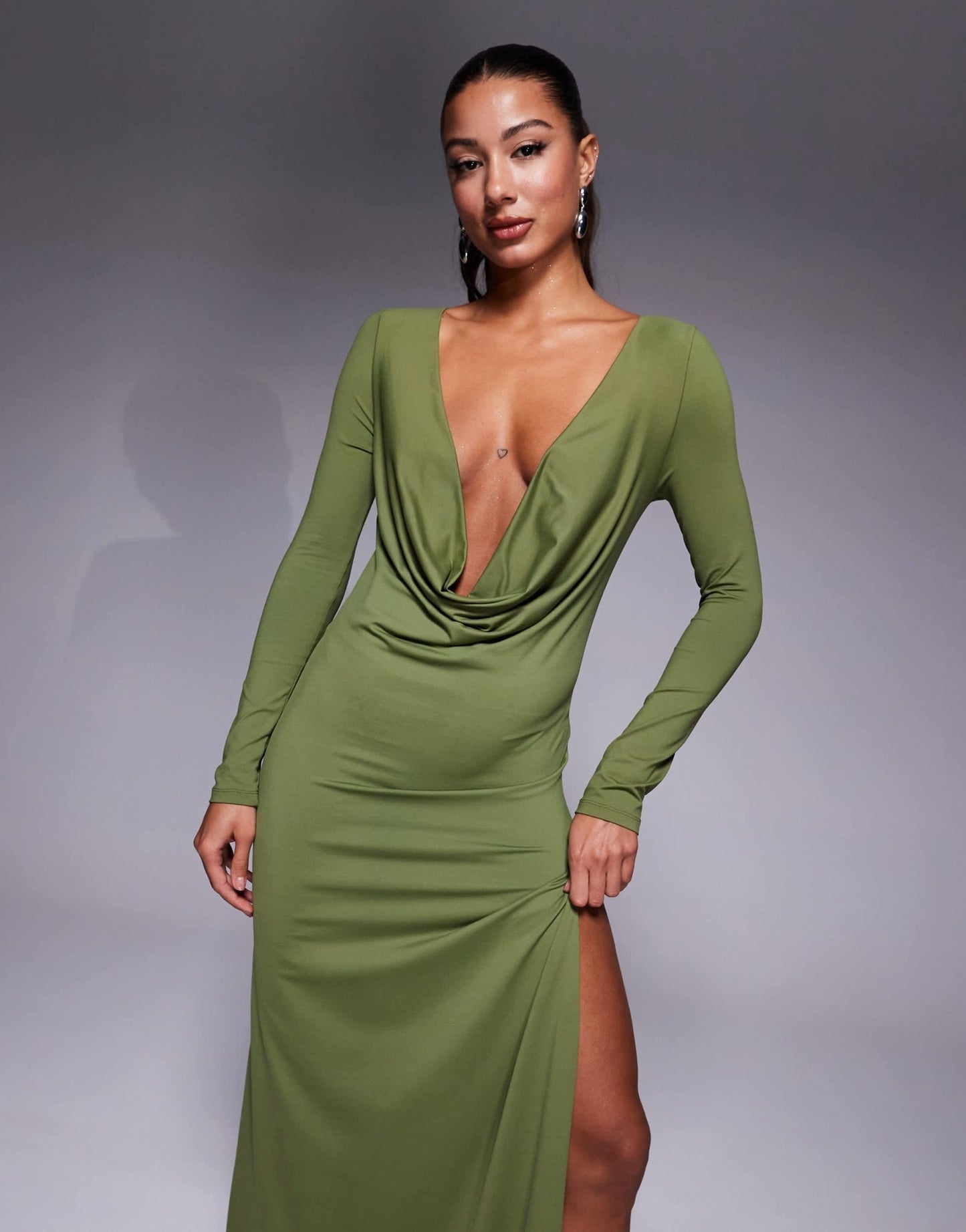 ASOS DESIGN sculpting jersey long sleeve cowl neck maxi dress in khaki - ASOS Sample Sale