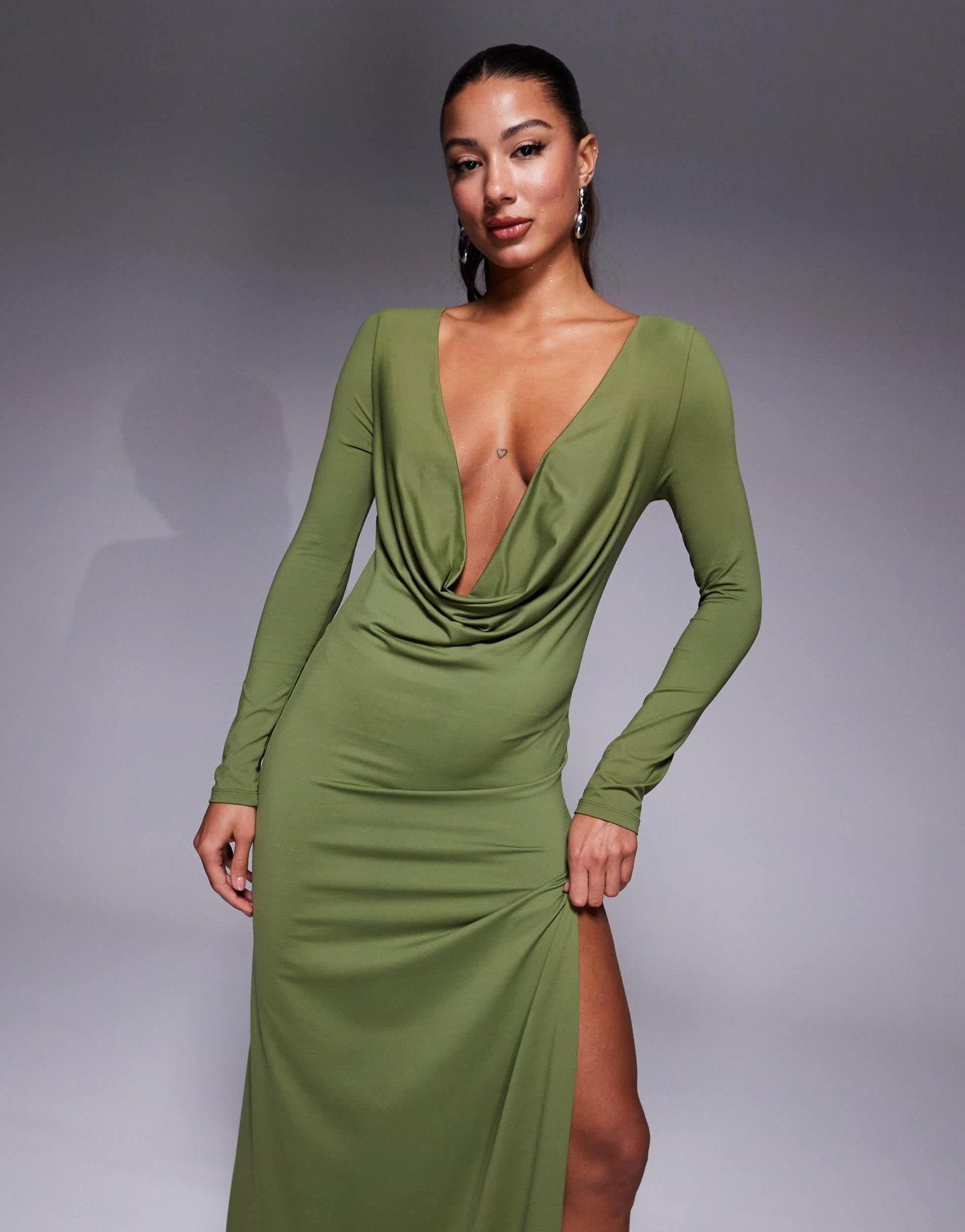 ASOS DESIGN sculpting jersey long sleeve cowl neck maxi dress in khaki - ASOS Sample Sale