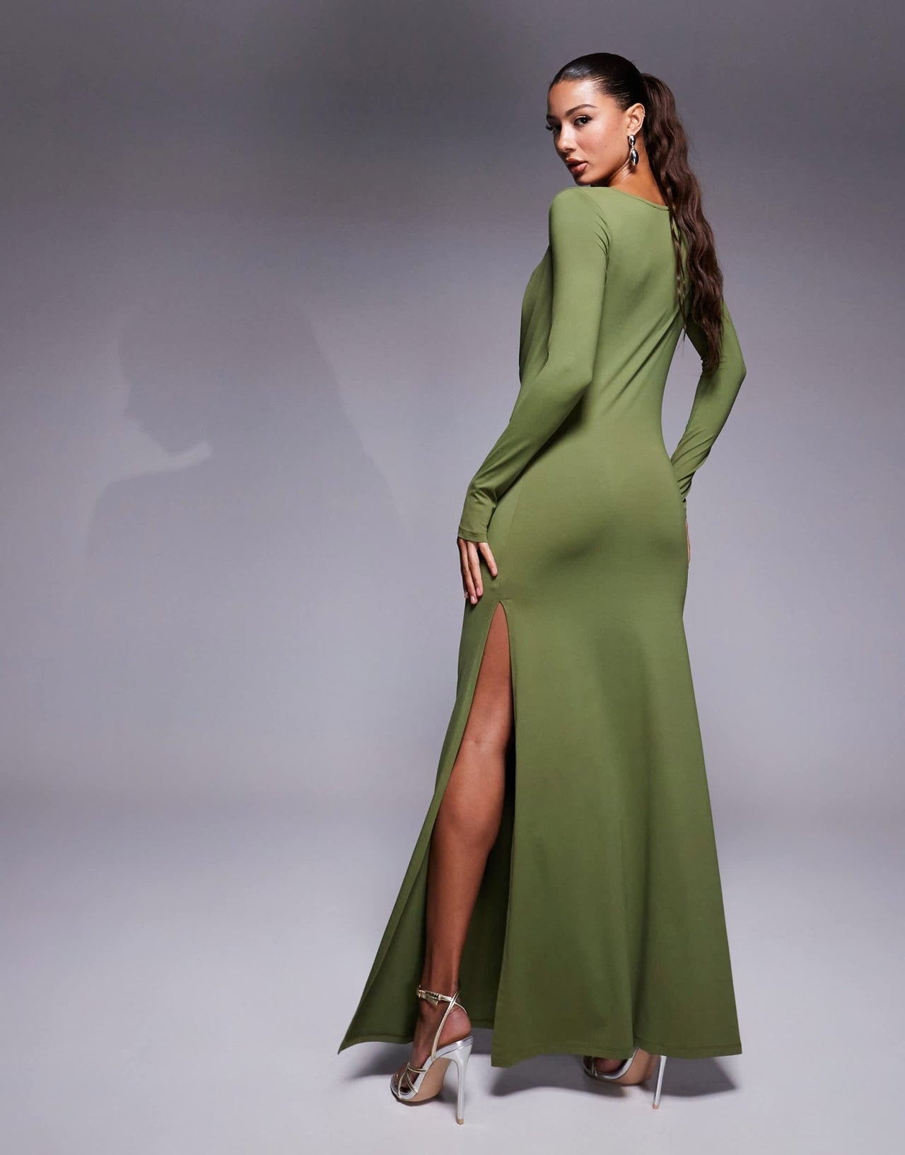 ASOS DESIGN sculpting jersey long sleeve cowl neck maxi dress in khaki - ASOS Sample Sale