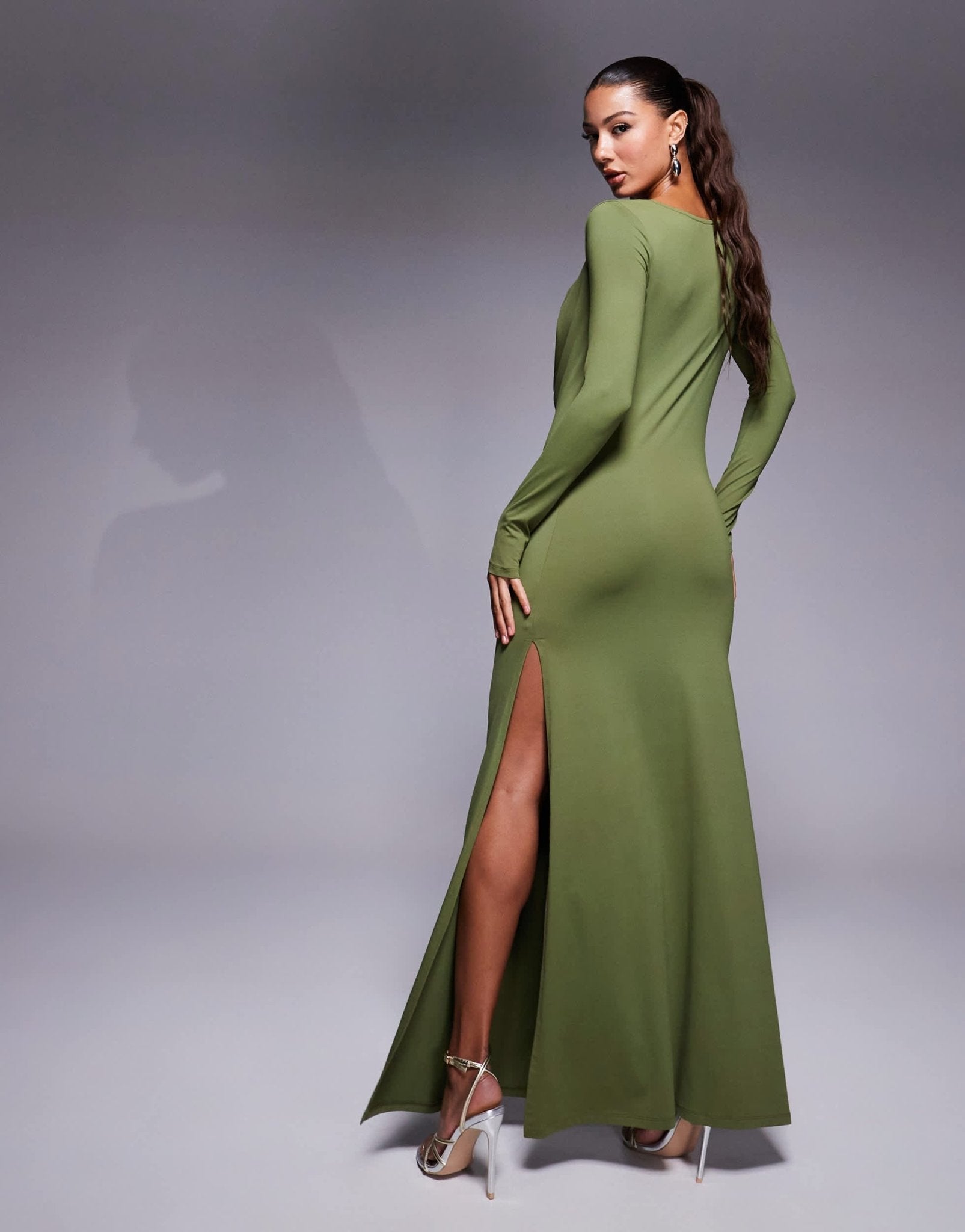 ASOS DESIGN sculpting jersey long sleeve cowl neck maxi dress in khaki - ASOS Sample Sale