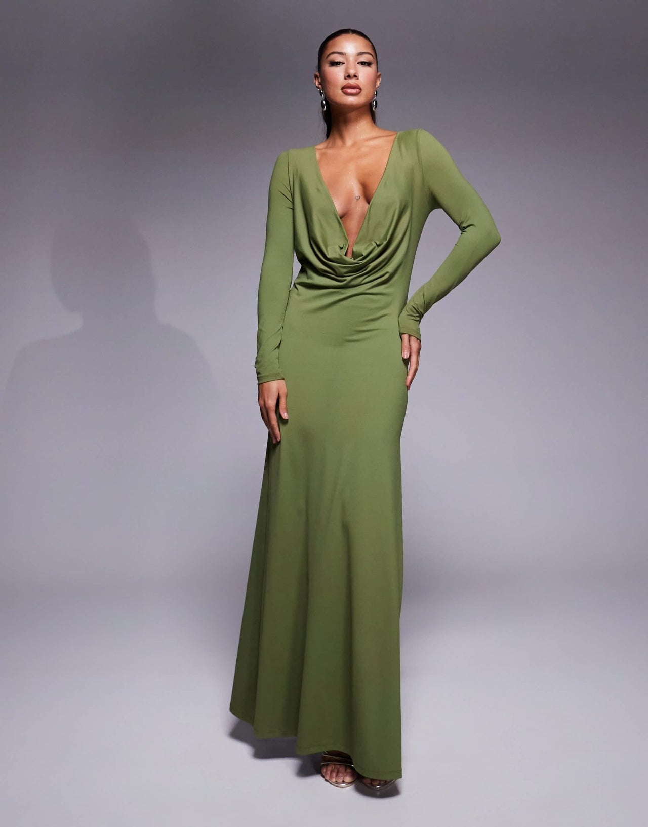 ASOS DESIGN sculpting jersey long sleeve cowl neck maxi dress in khaki - ASOS Sample Sale