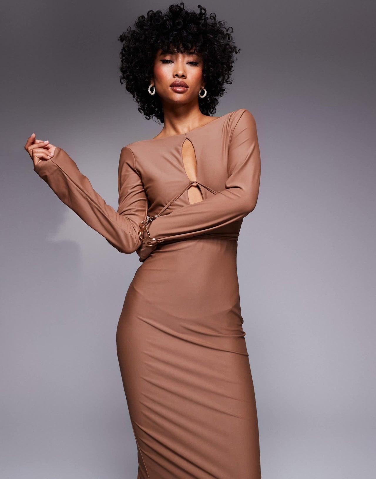 ASOS DESIGN sculpting jersey long sleeve maxi dress with cross straps in mocha - ASOS Sample Sale