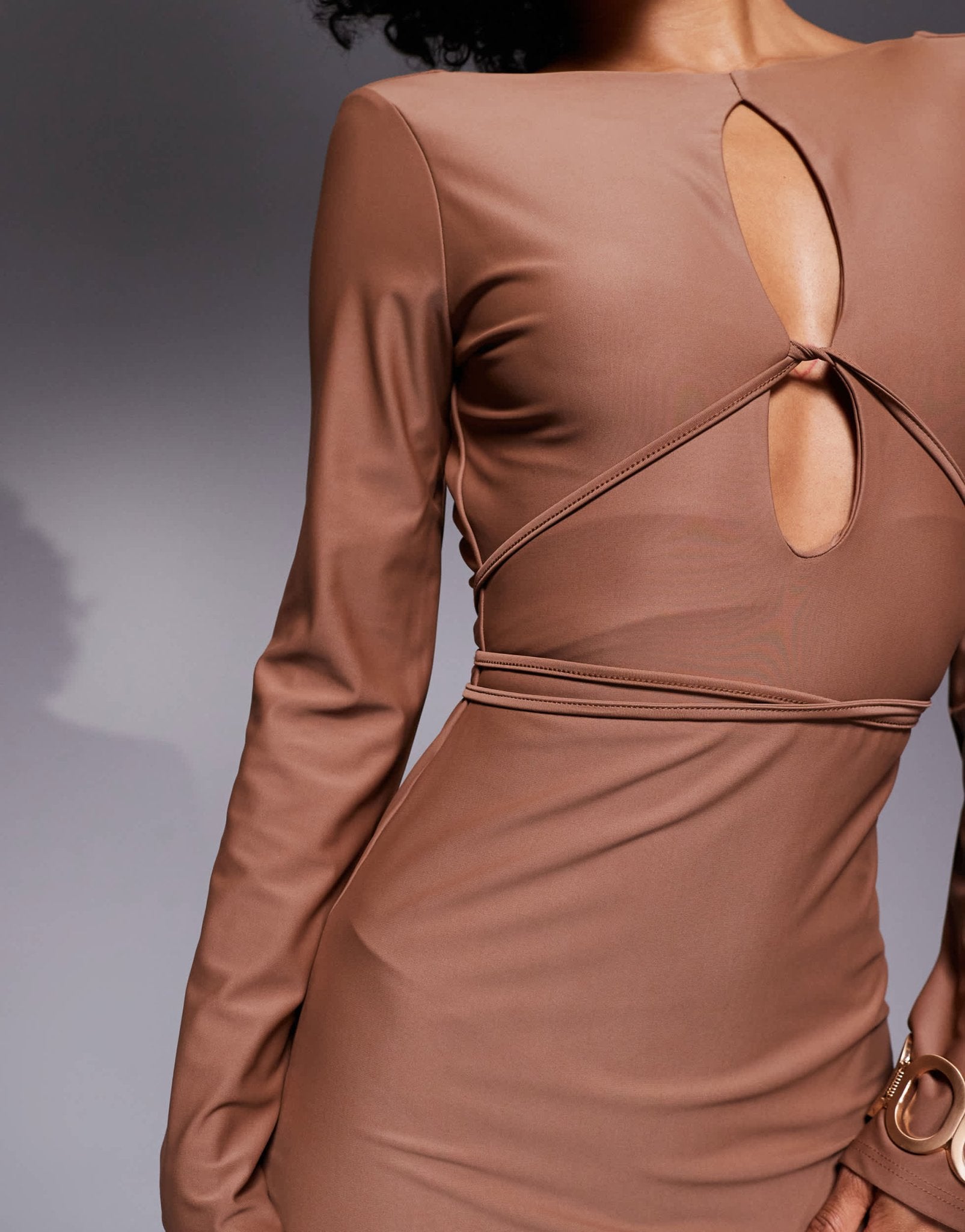 ASOS DESIGN sculpting jersey long sleeve maxi dress with cross straps in mocha - ASOS Sample Sale