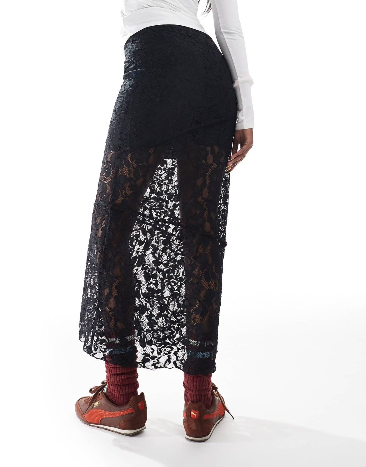 ASOS DESIGN seam detail lace maxi skirt with mini lining in black - ASOS Sample Sale