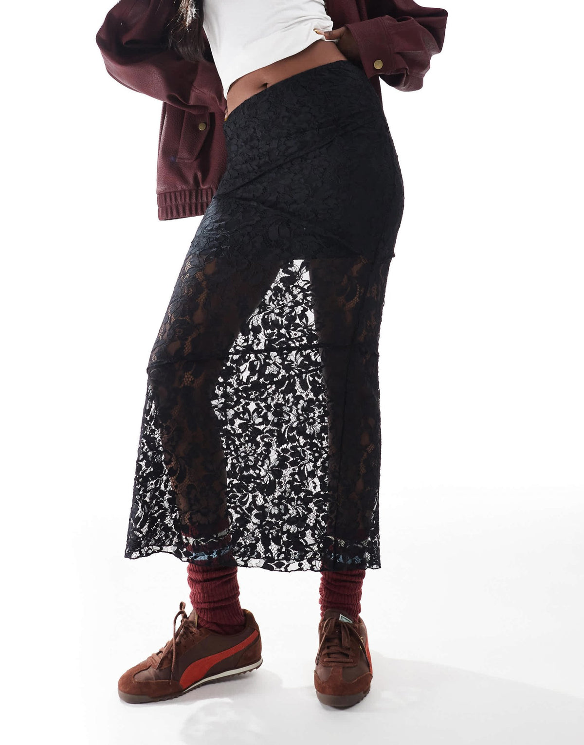 ASOS DESIGN seam detail lace maxi skirt with mini lining in black - ASOS Sample Sale