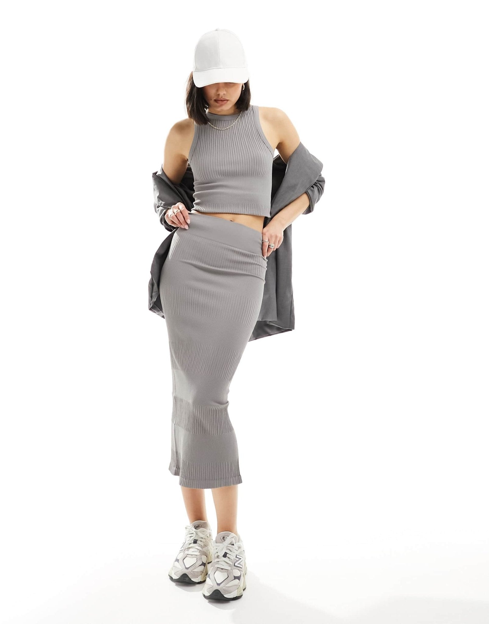 ASOS DESIGN seamless sculpting mixed rib midi skirt co - ord in dark grey - ASOS Sample Sale