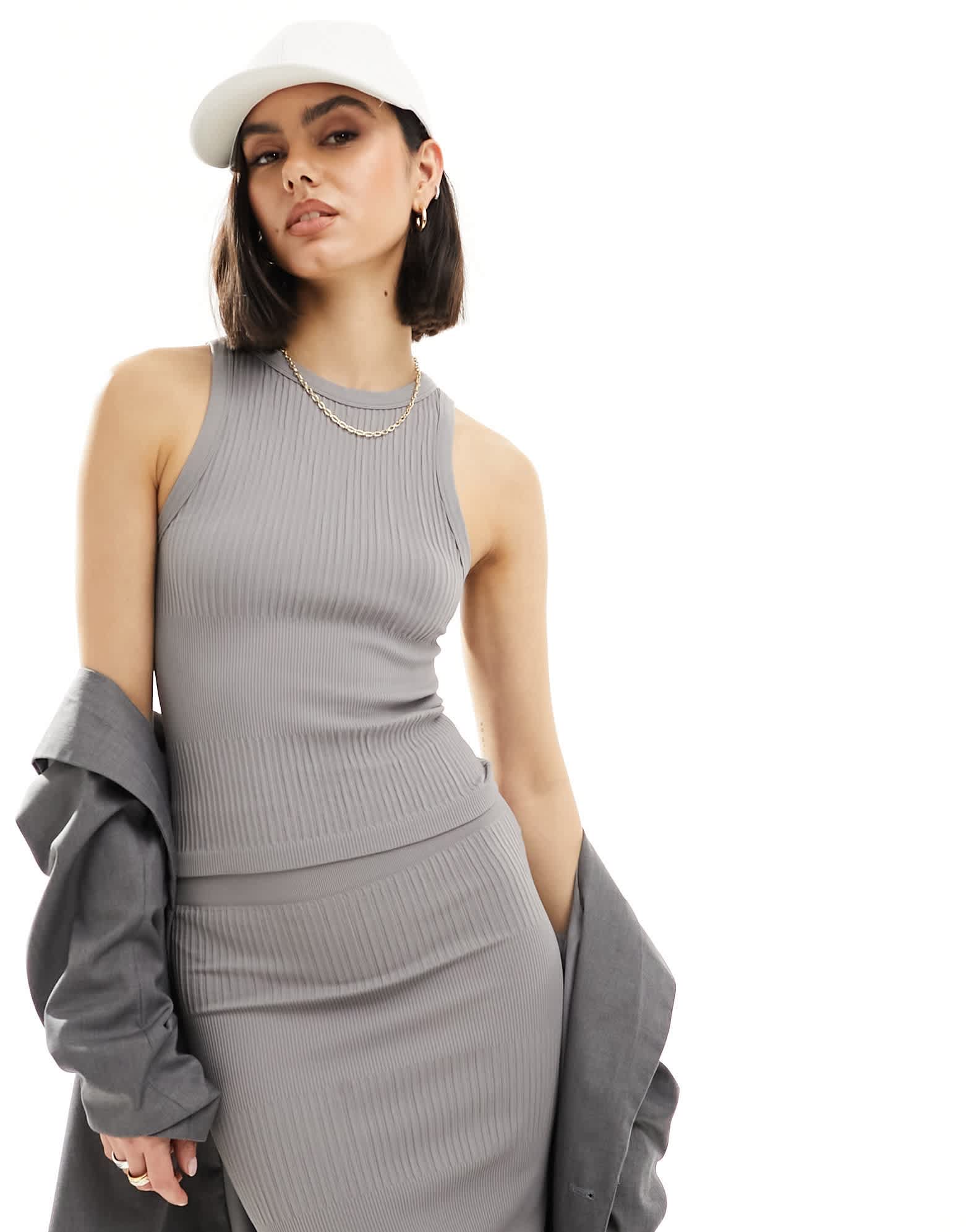 ASOS DESIGN seamless sculpting mixed rib vest top co - ord in dark grey - ASOS Sample Sale