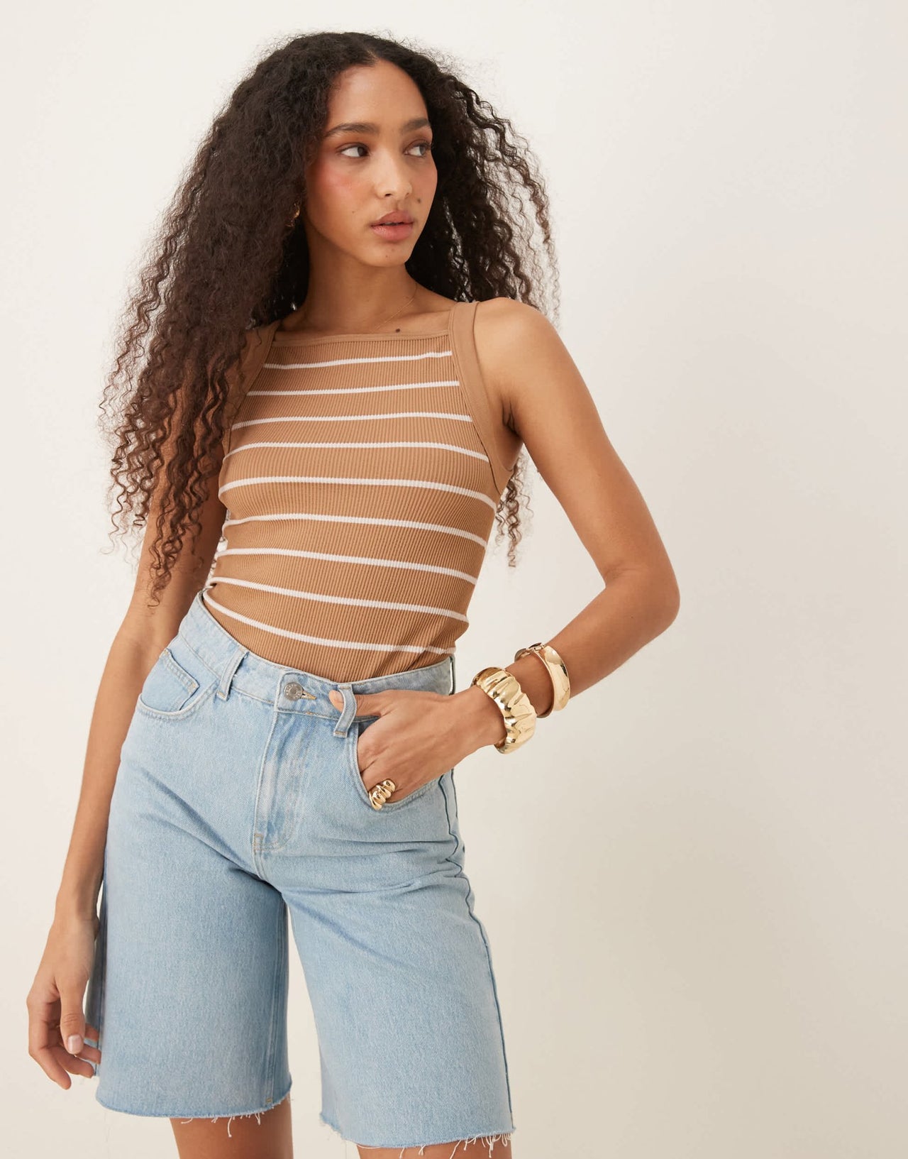 ASOS DESIGN seamless sculpting square neck top in camel stripe - ASOS Sample Sale