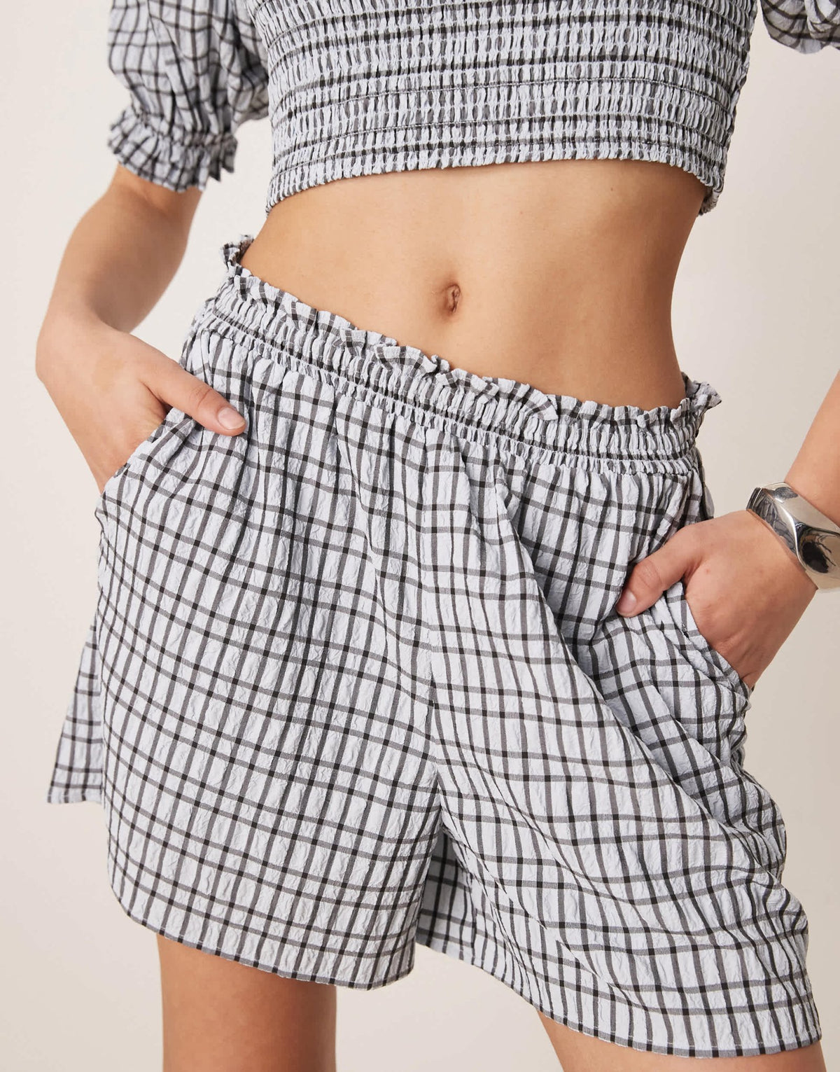 ASOS DESIGN seersucker check shorts co-ord in blue - ASOS Sample Sale