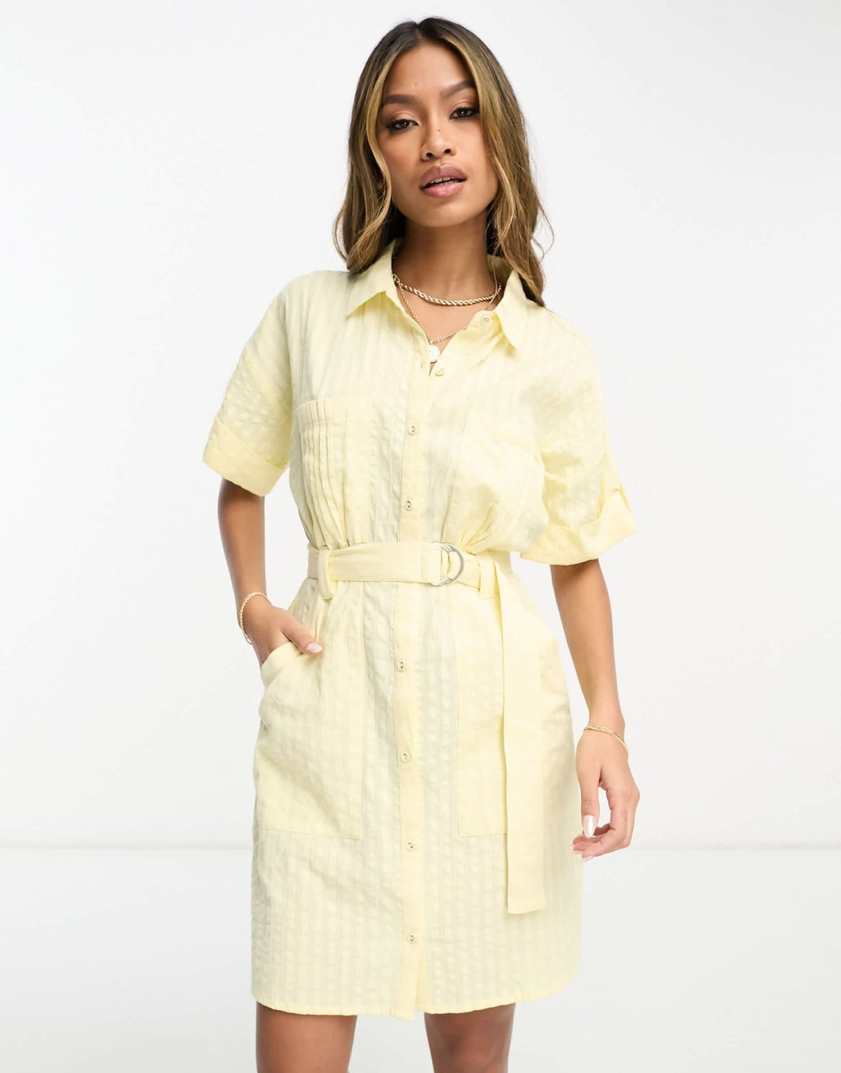 ASOS DESIGN seersucker d ring belted shirt mini dress in yellow - ASOS Sample Sale
