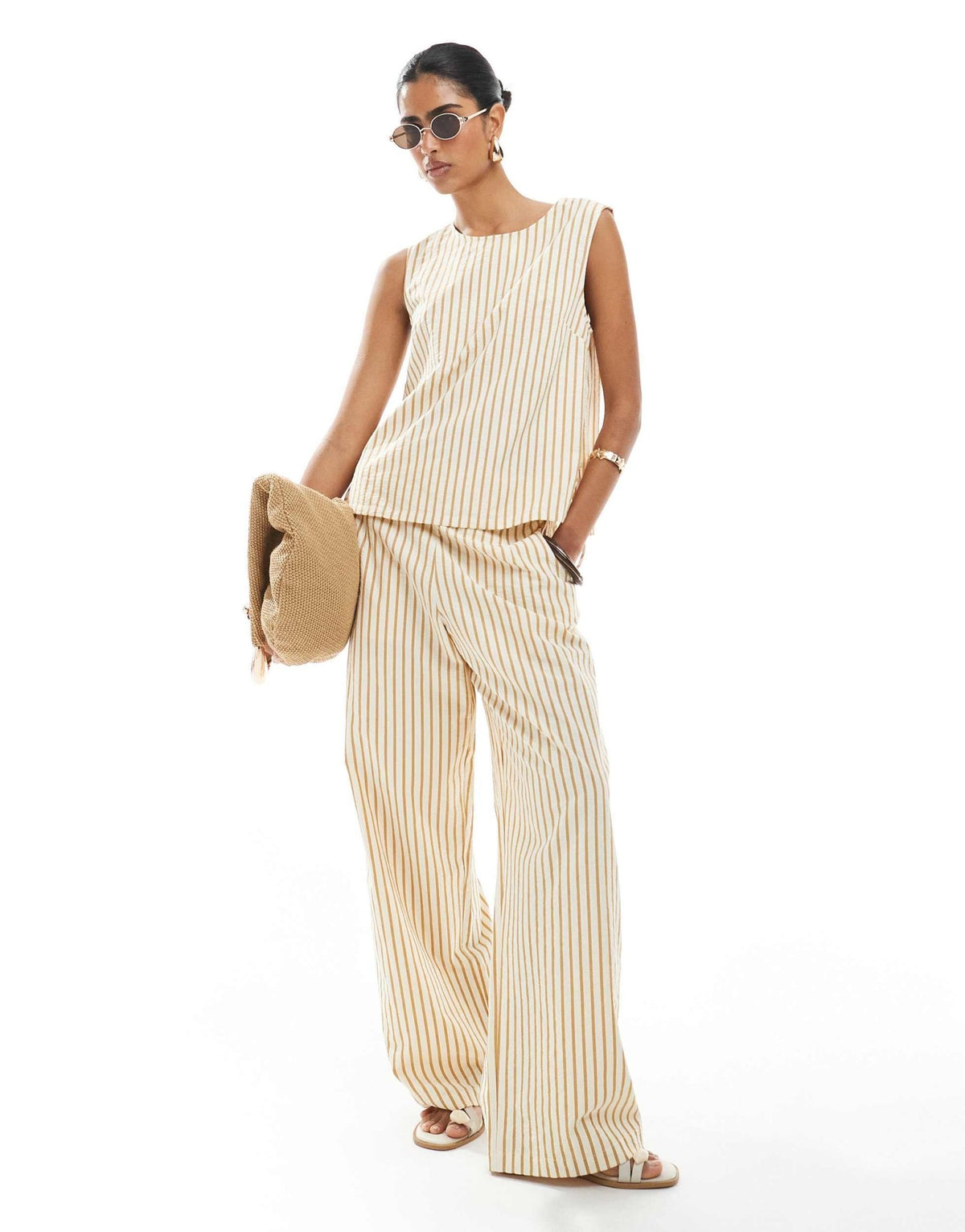 ASOS DESIGN seersucker pull on straight leg trousers co-ord in brown stripe - ASOS Sample Sale