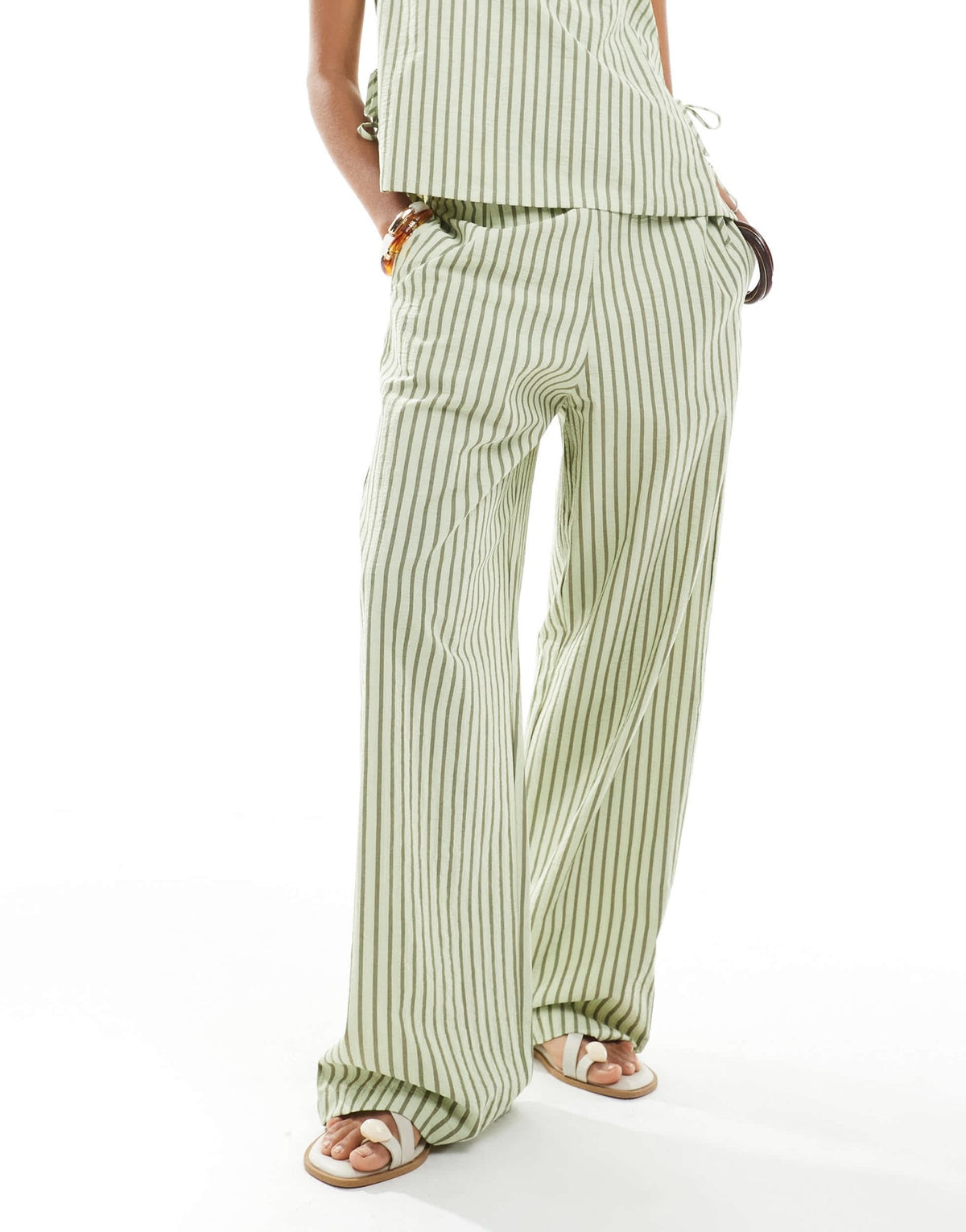 ASOS DESIGN seersucker pull on straight leg trousers co-ord in khaki stripe - ASOS Sample Sale