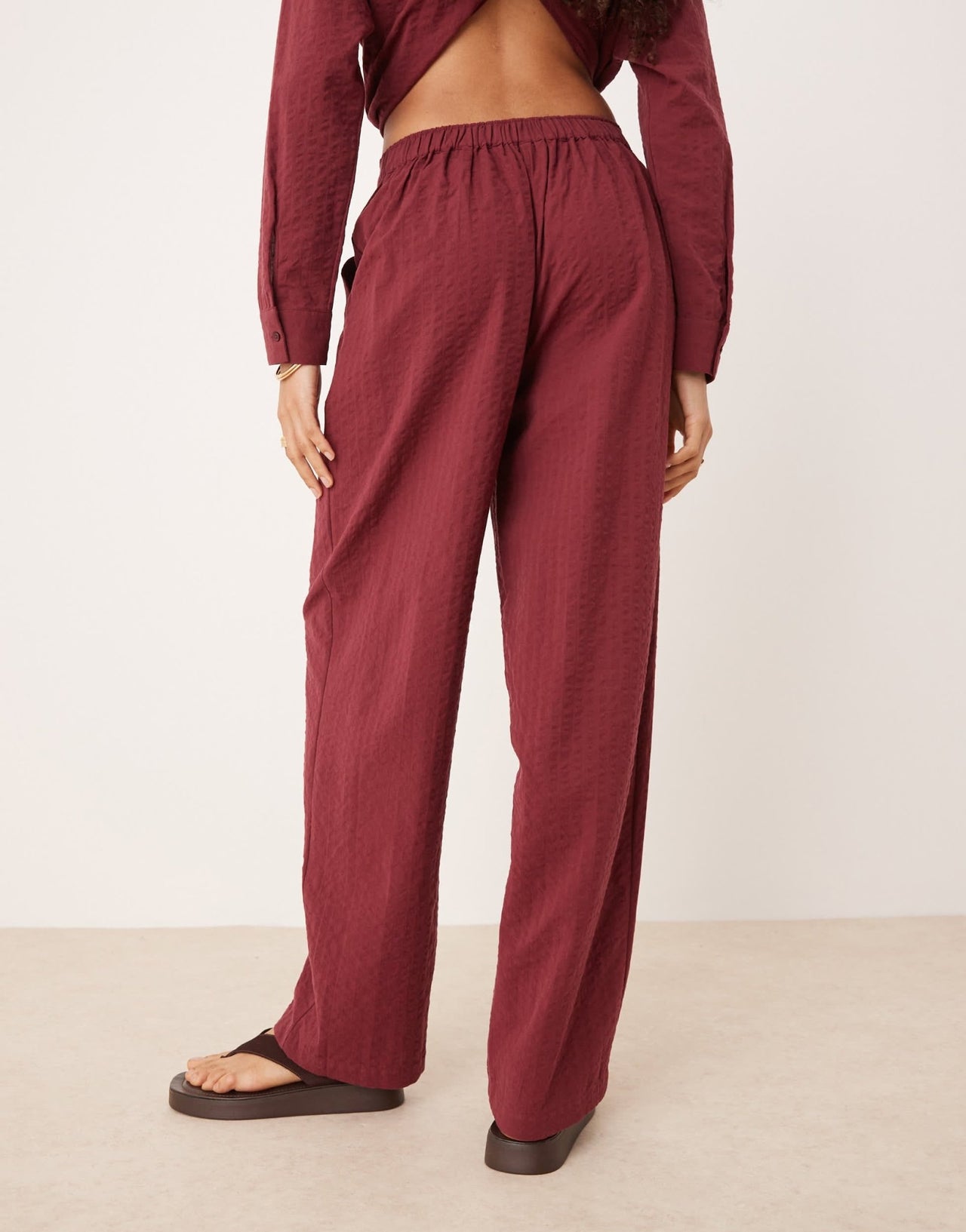 ASOS DESIGN seersucker relaxed pull on trousers co-ord in burgundy - ASOS Sample Sale