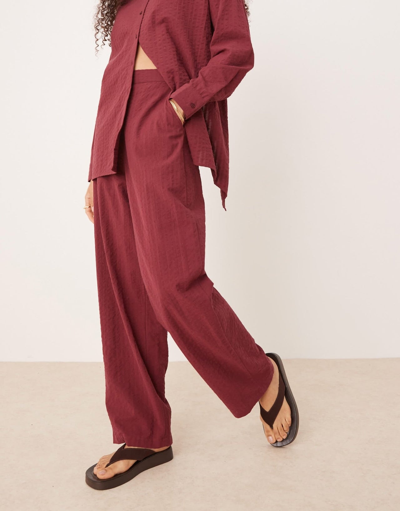 ASOS DESIGN seersucker relaxed pull on trousers co-ord in burgundy - ASOS Sample Sale