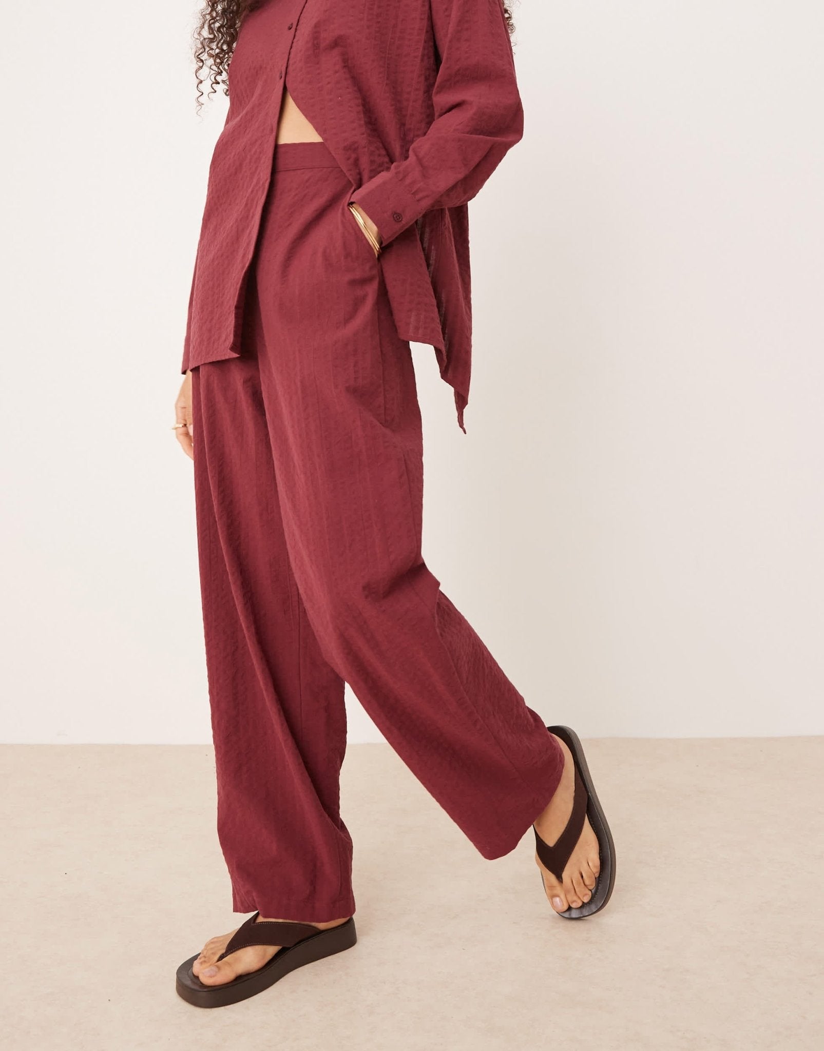 ASOS DESIGN seersucker relaxed pull on trousers co-ord in burgundy - ASOS Sample Sale