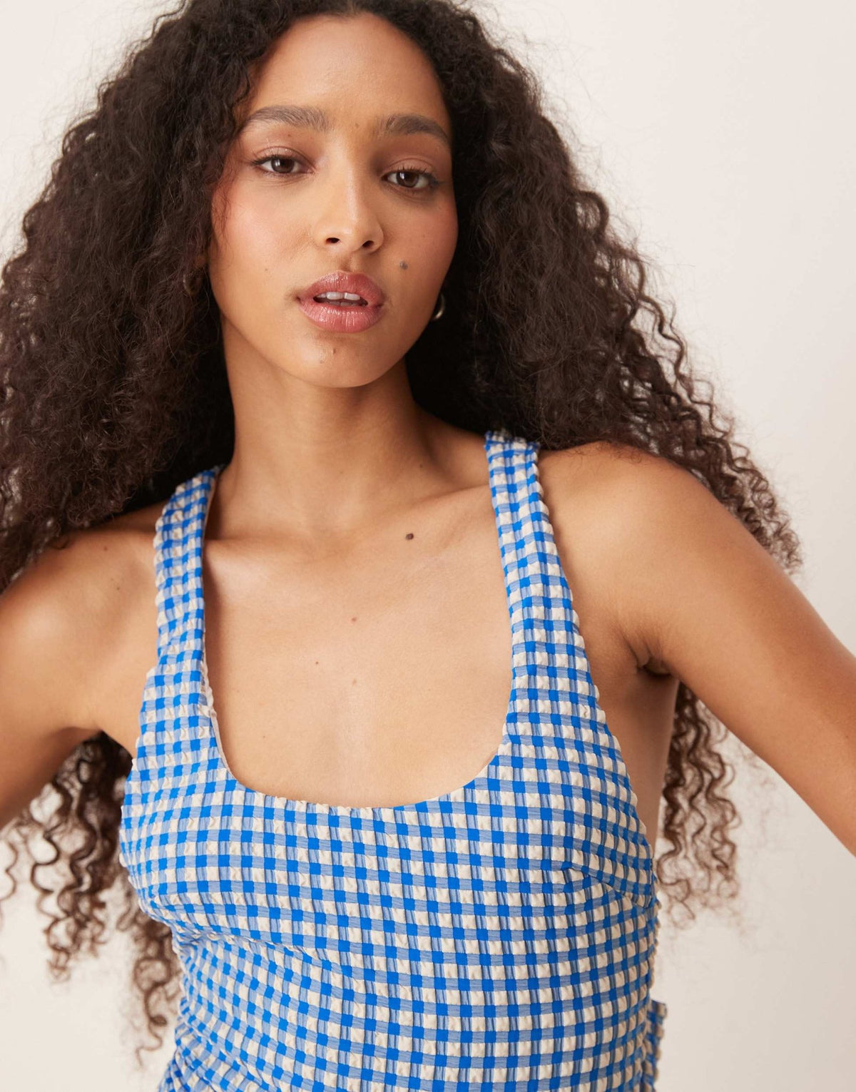 ASOS DESIGN seersucker scoop swimsuit with giant bow back detail in blue gingham - ASOS Sample Sale