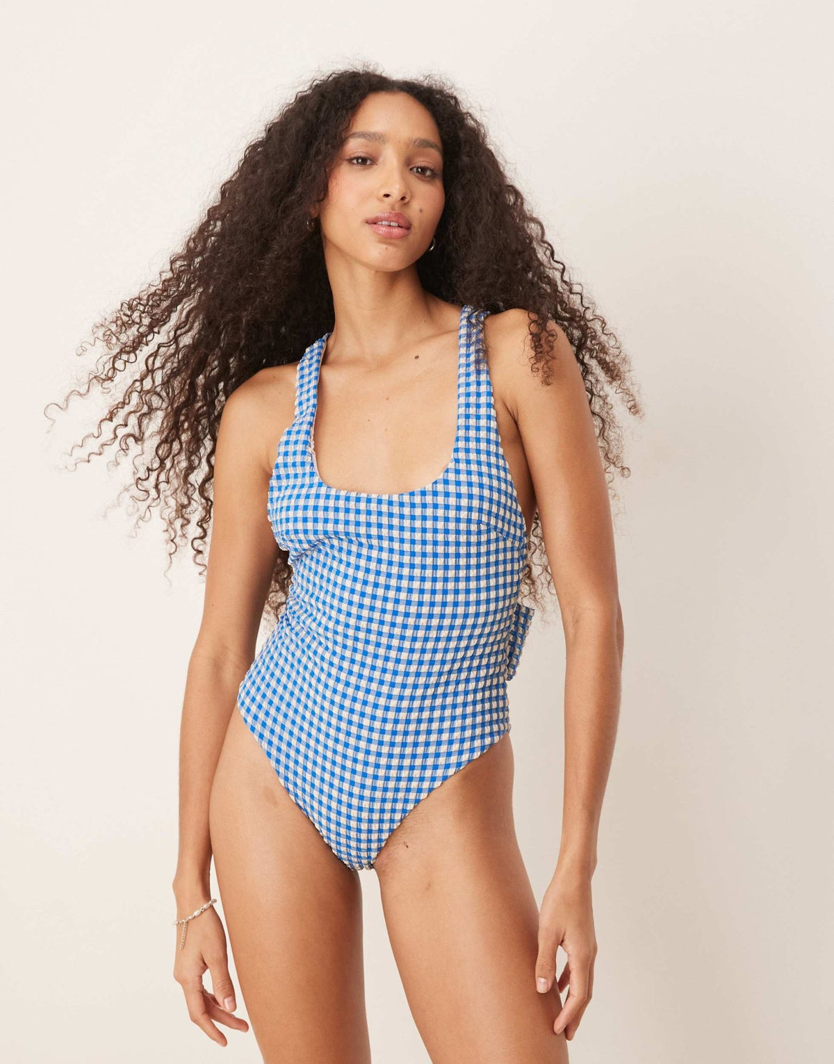 ASOS DESIGN seersucker scoop swimsuit with giant bow back detail in blue gingham - ASOS Sample Sale