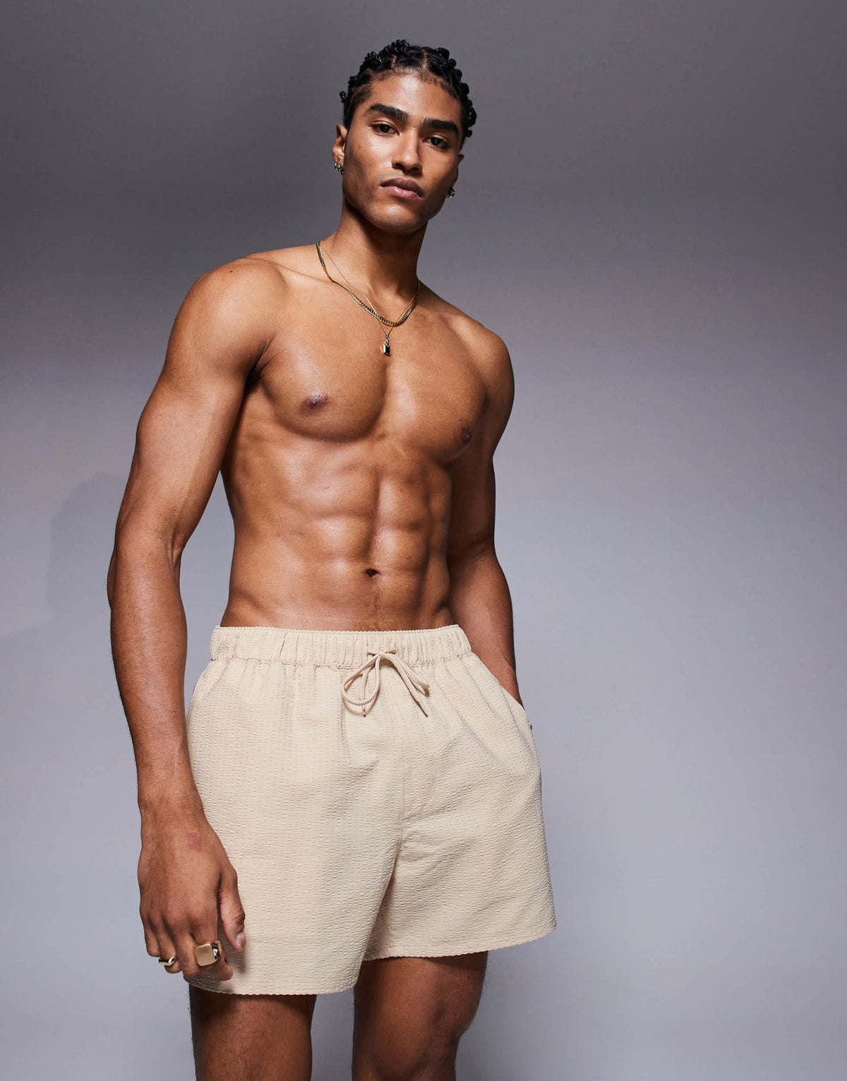 ASOS DESIGN seersucker swim shorts in short length in beige - ASOS Sample Sale