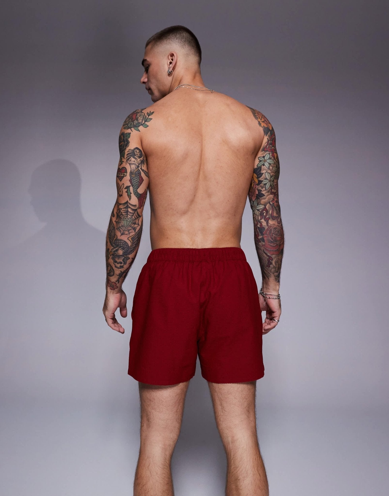 ASOS DESIGN seersucker swim shorts in short length in burgundy - ASOS Sample Sale