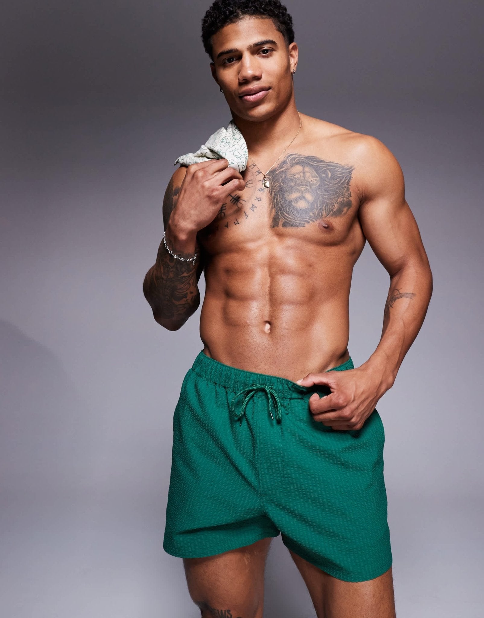 ASOS DESIGN seersucker swim shorts in short length in green - ASOS Sample Sale