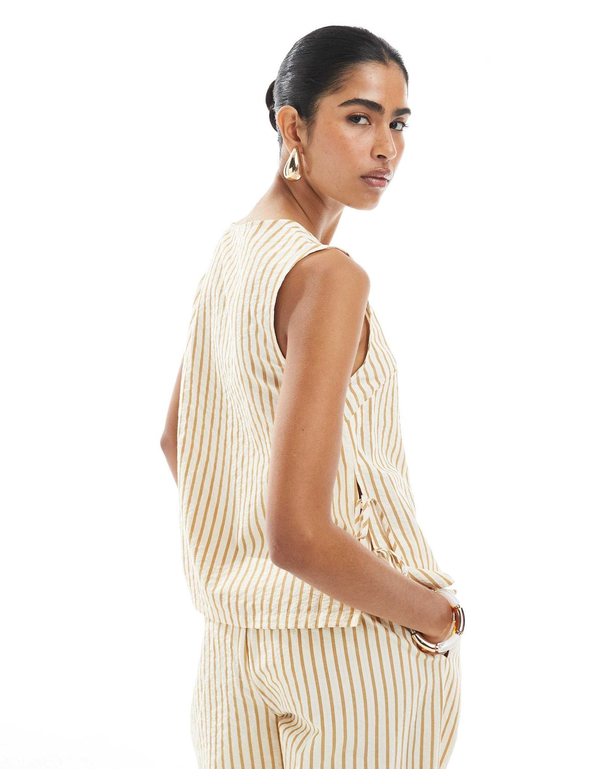 ASOS DESIGN seersucker tie side shell top co-ord in brown stripe - ASOS Sample Sale