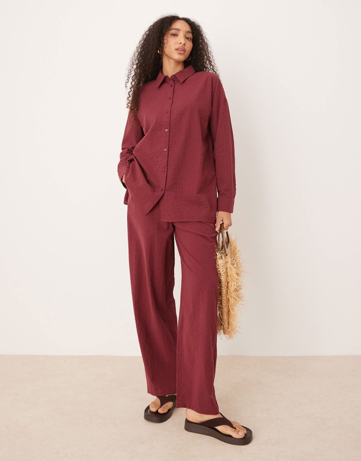 ASOS DESIGN seersucker wrap back stripe shirt co-ord in burgundy - ASOS Sample Sale