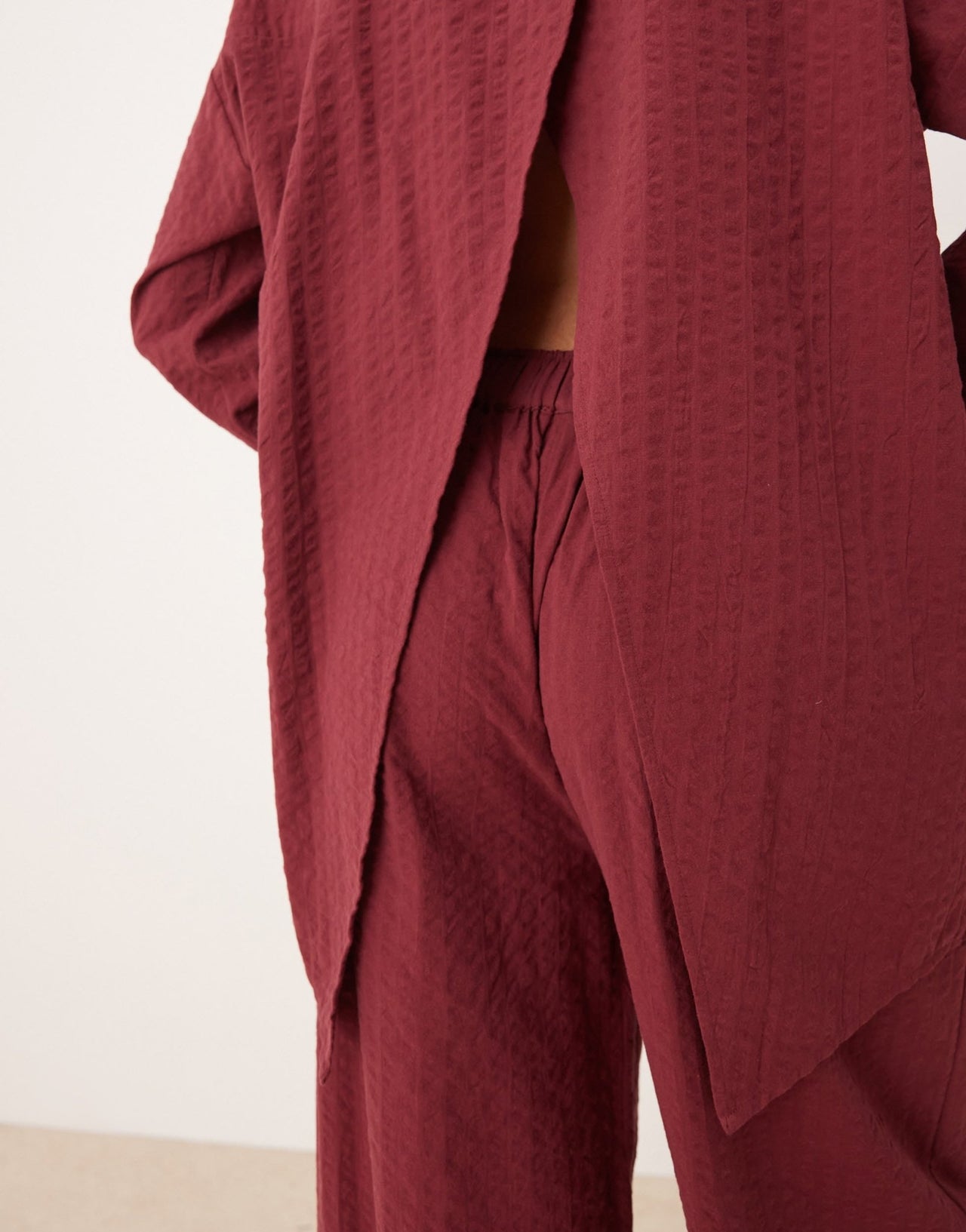 ASOS DESIGN seersucker wrap back stripe shirt co-ord in burgundy - ASOS Sample Sale