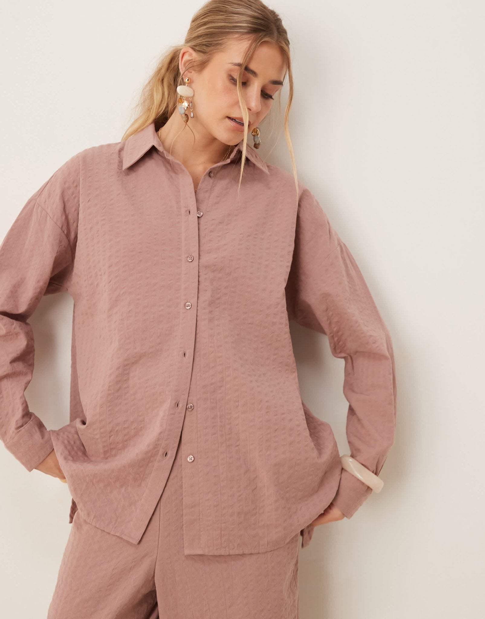 ASOS DESIGN seersucker wrap back stripe shirt co-ord in mink - ASOS Sample Sale