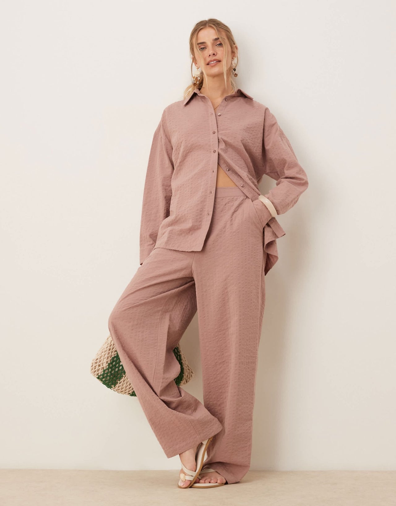 ASOS DESIGN seersucker wrap back stripe shirt co-ord in mink - ASOS Sample Sale