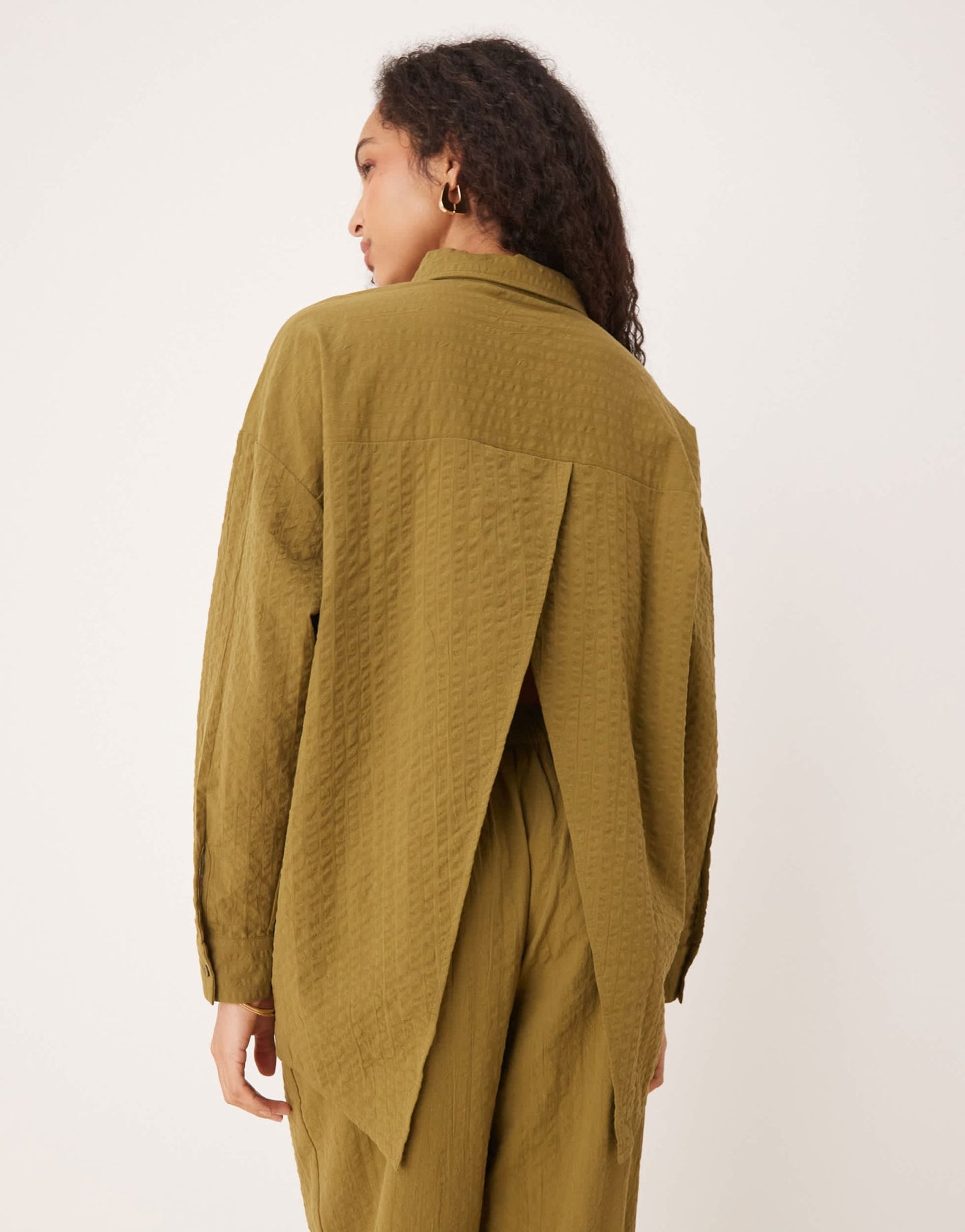 ASOS DESIGN seersucker wrap back stripe shirt co-ord in olive - ASOS Sample Sale