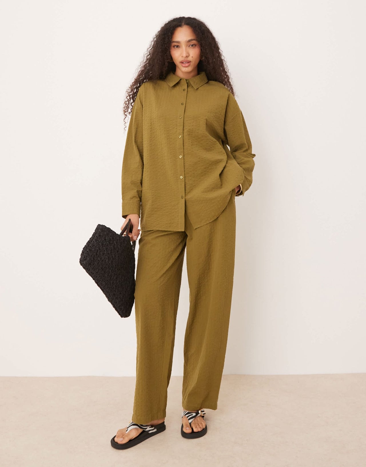 ASOS DESIGN seersucker wrap back stripe shirt co-ord in olive - ASOS Sample Sale