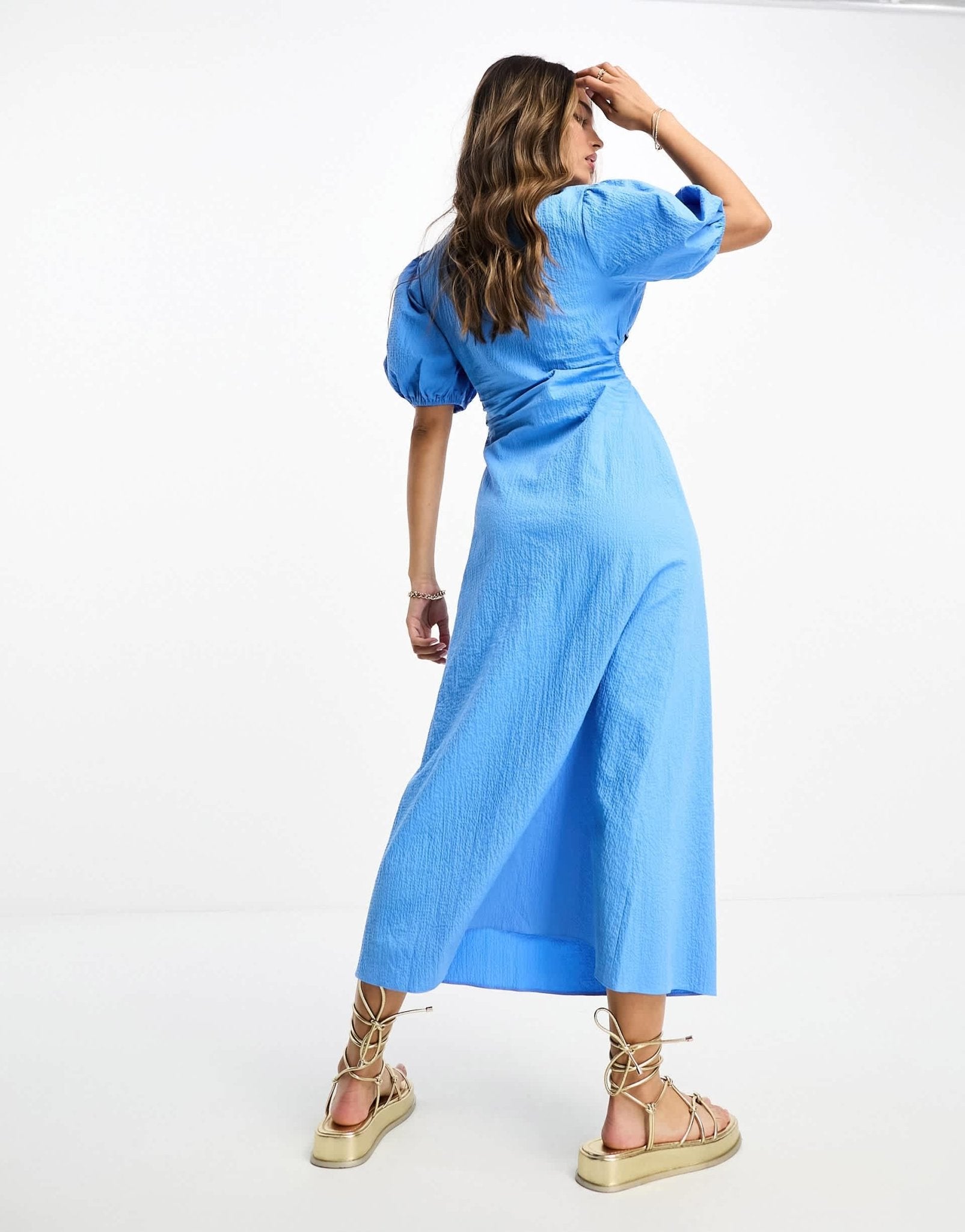 ASOS DESIGN seersucker wrap tea dress with cut out detail in pop blue - ASOS Sample Sale