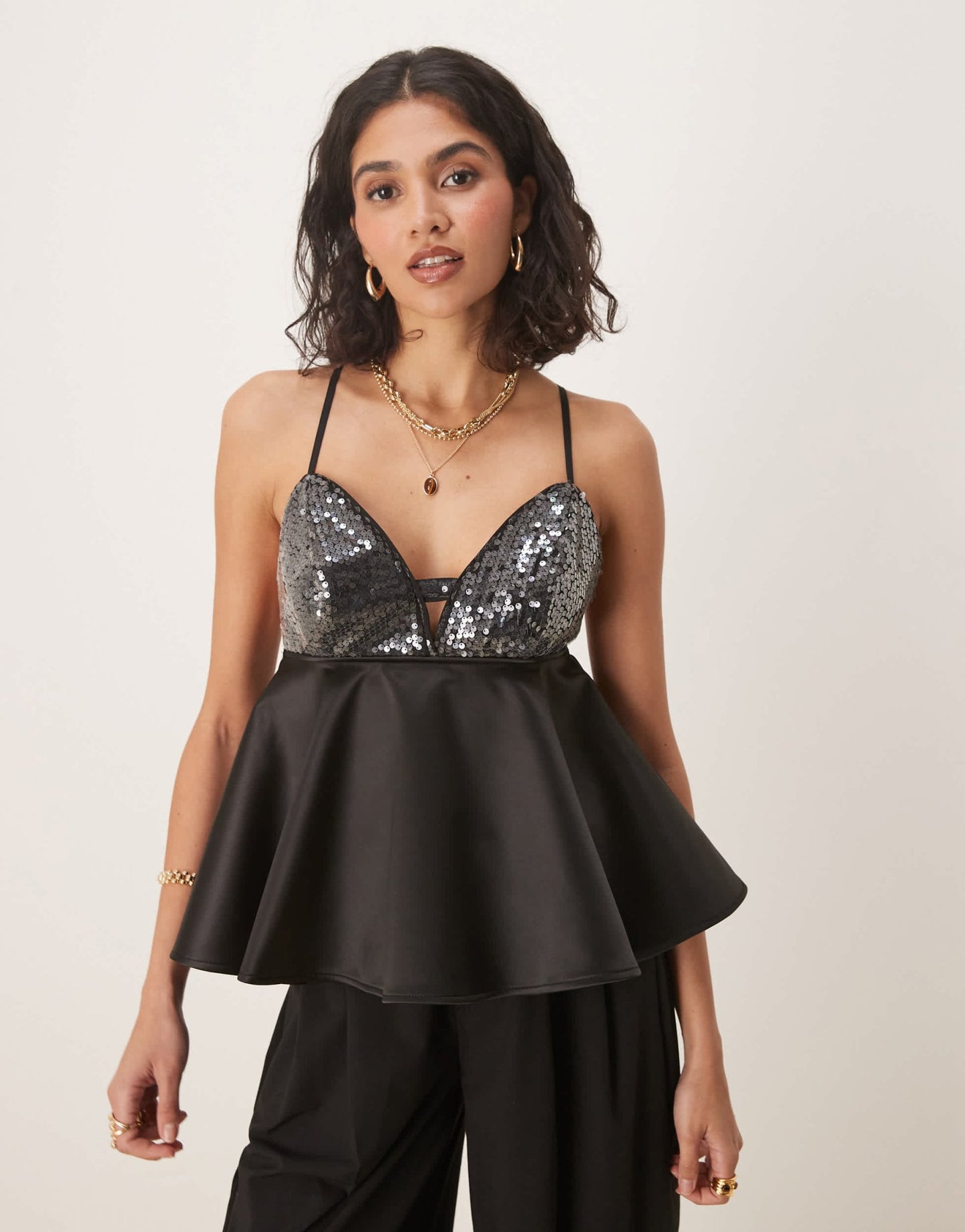 ASOS DESIGN sequin bust with peplum cami top in black - ASOS Sample Sale
